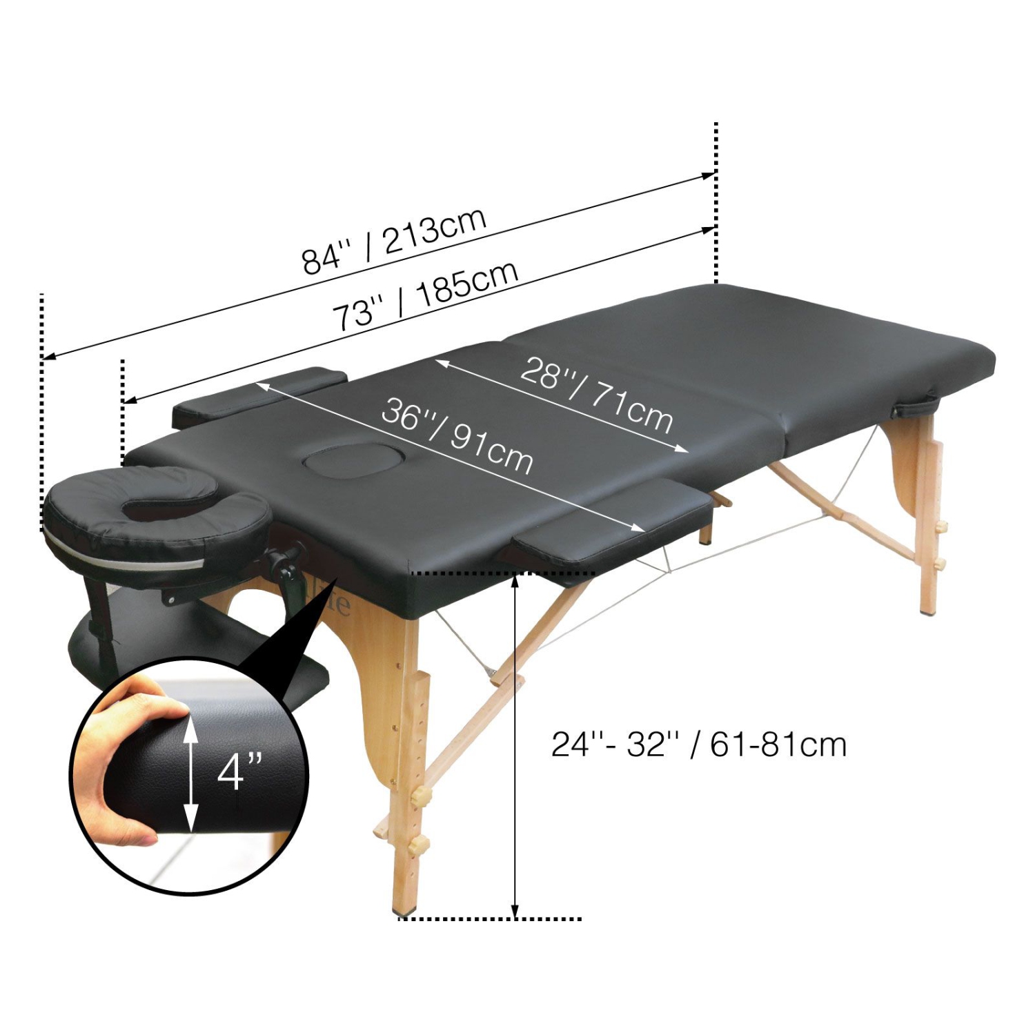 Table de massage portative en bois Greenlife MD de 4&nbsp;po d'épaisseur à 2 sections, noir / crème - MTW121