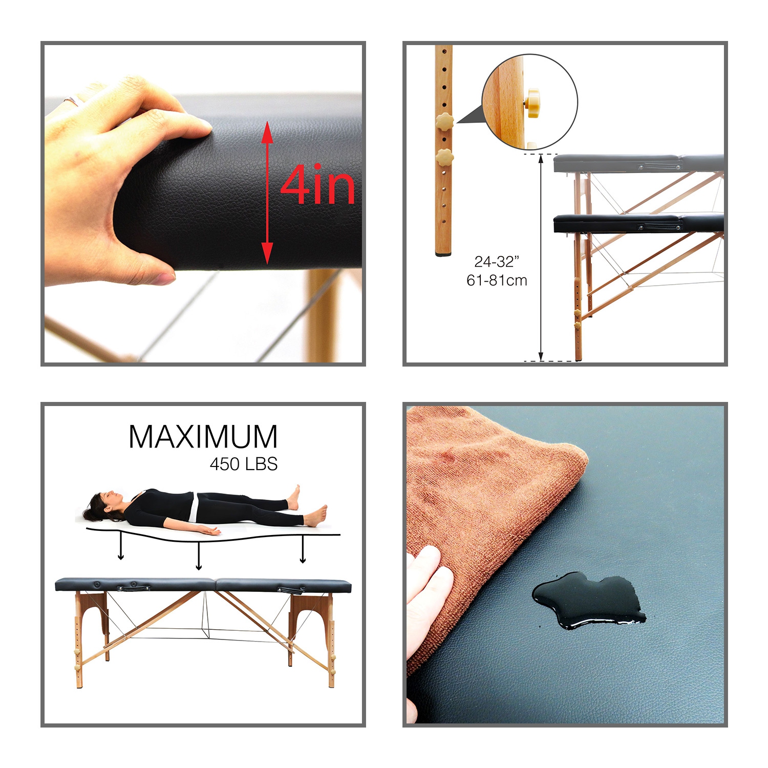 Table de massage portative en bois Greenlife MD de 4&nbsp;po d'épaisseur à 2 sections, noir / crème - MTW121