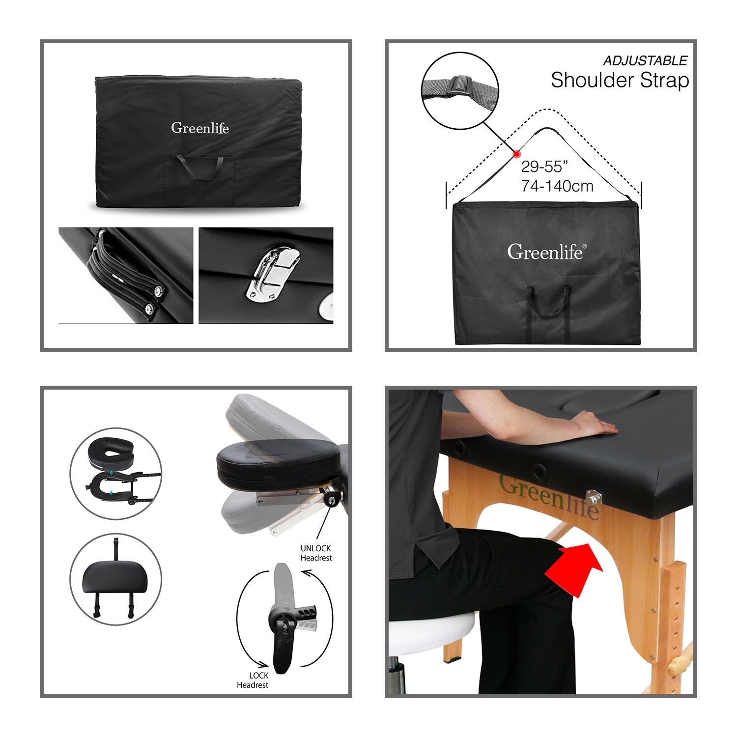 Table de massage portative en bois Greenlife MD de 4&nbsp;po d'épaisseur à 2 sections, noir / crème - MTW121