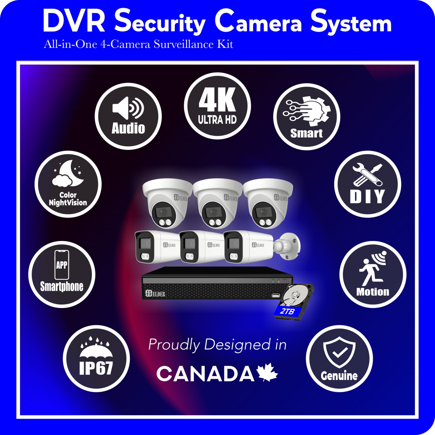 【Nouveau 2025】 Elder – Système de 6 caméras de surveillance résidentielle d'extérieur avec fil 4K, NVR 8 canaux 2 To, vision nocturne couleur et audio