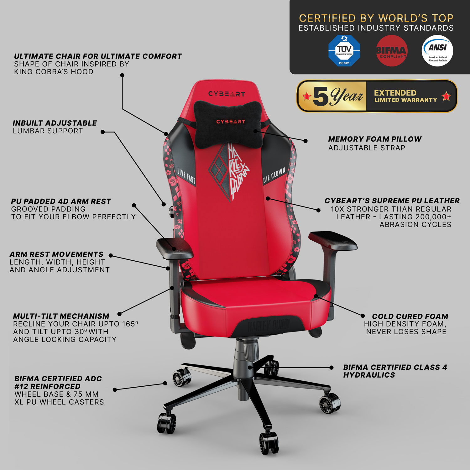 Cybeart Fauteuil de jeu ergonomique en similicuir Harley Quinn Edition - Rouge/Noir