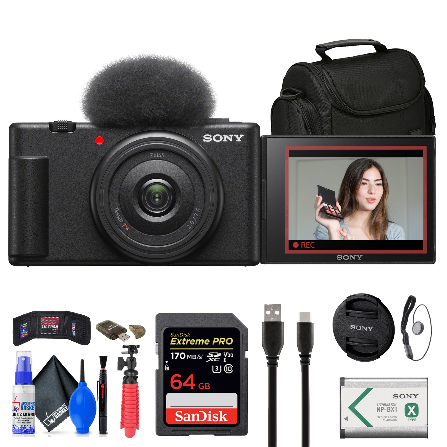 Refurbished (Good) - Sony ZV-1F Vlogging Camera (Black) (ZV1F/B) + Case +  64GB Card + Tripod + More