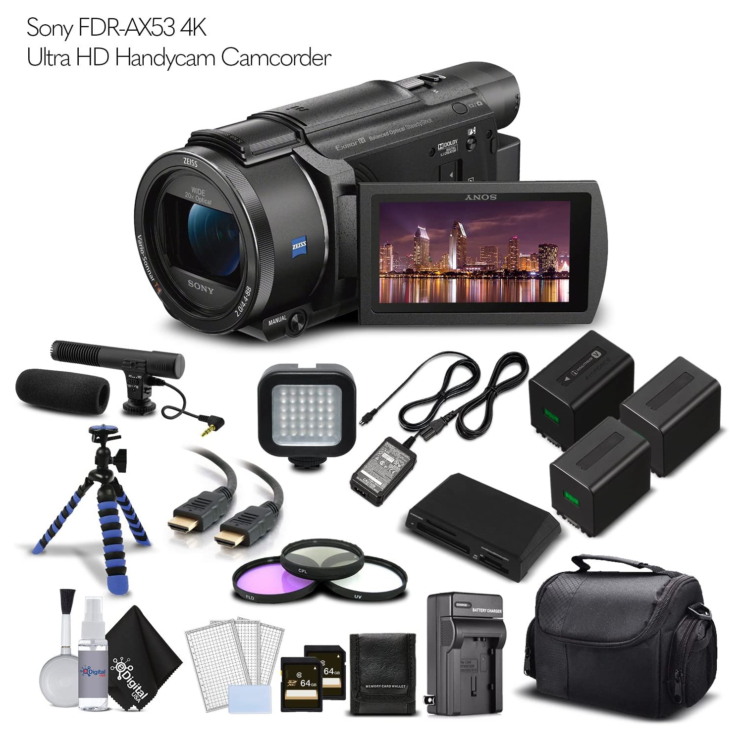 Refurbished (Good) - Sony FDR-AX53 4K Ultra HD Handycam Camcorder. - Professional Bundle