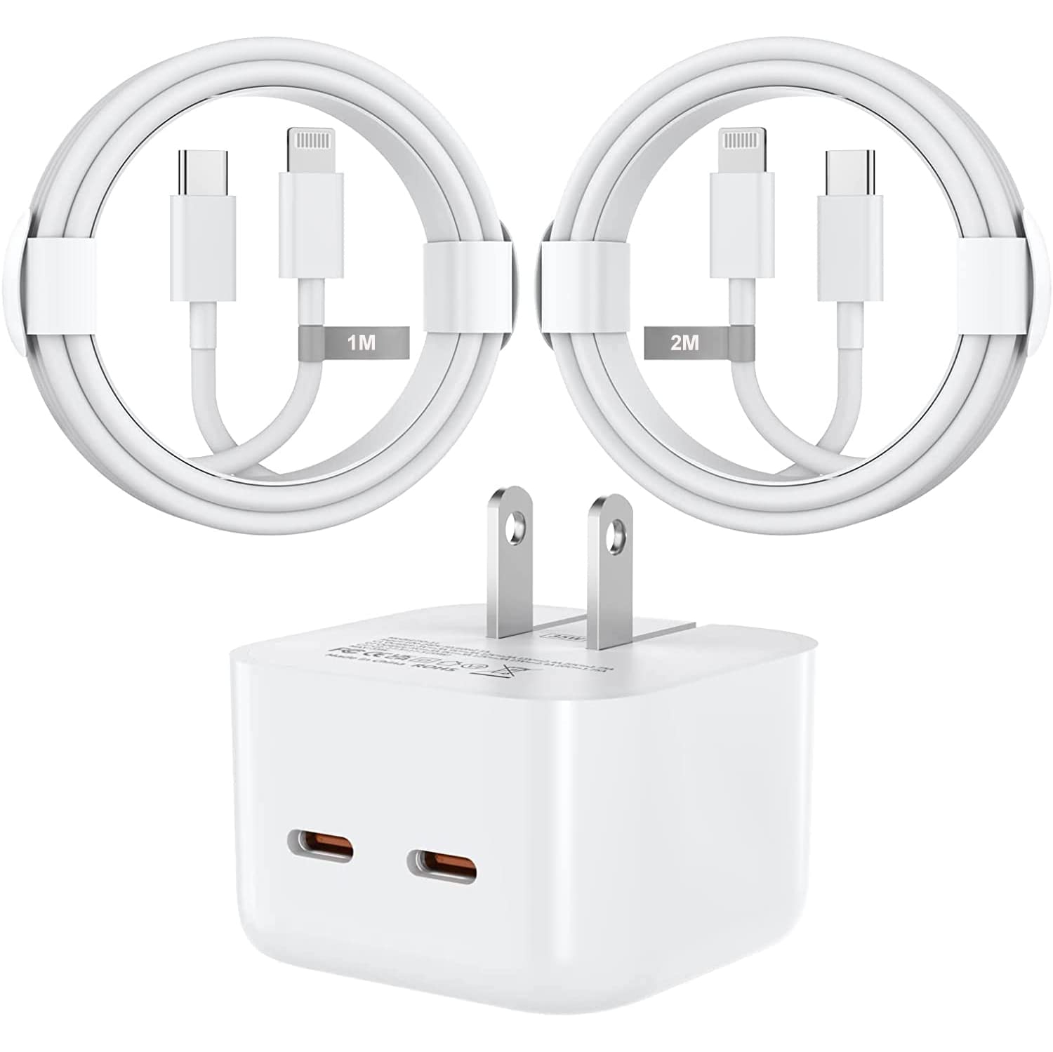 [Certifié MFi par Apple] Adaptateur d'alimentation mural rapide à deux ports USB C PD de 3,0 W de 35&nbsp;W + câble USB C à Lightning de 2x m pour