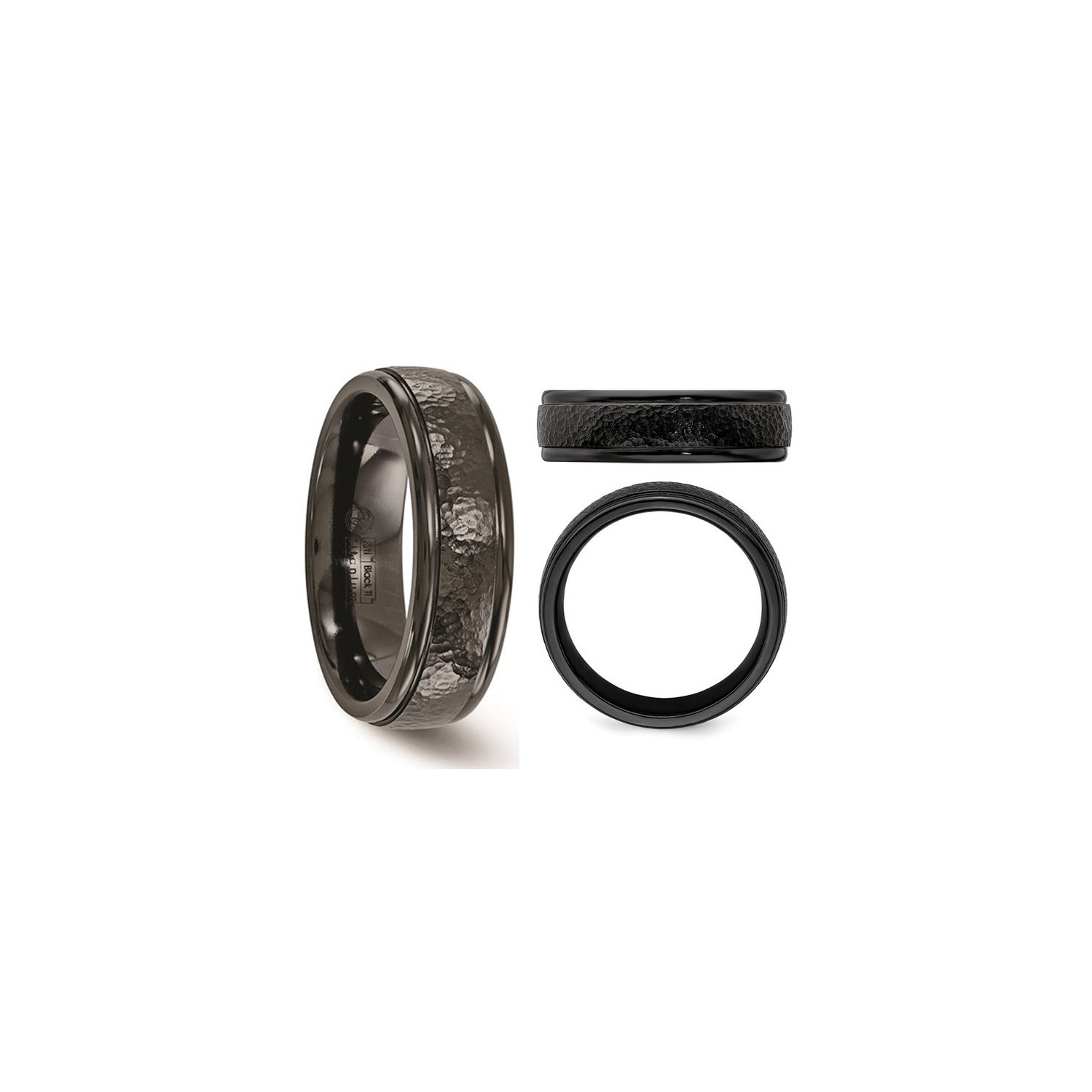 Mentille ou dames Black Titanium 7 mm Bague de bande martel??e