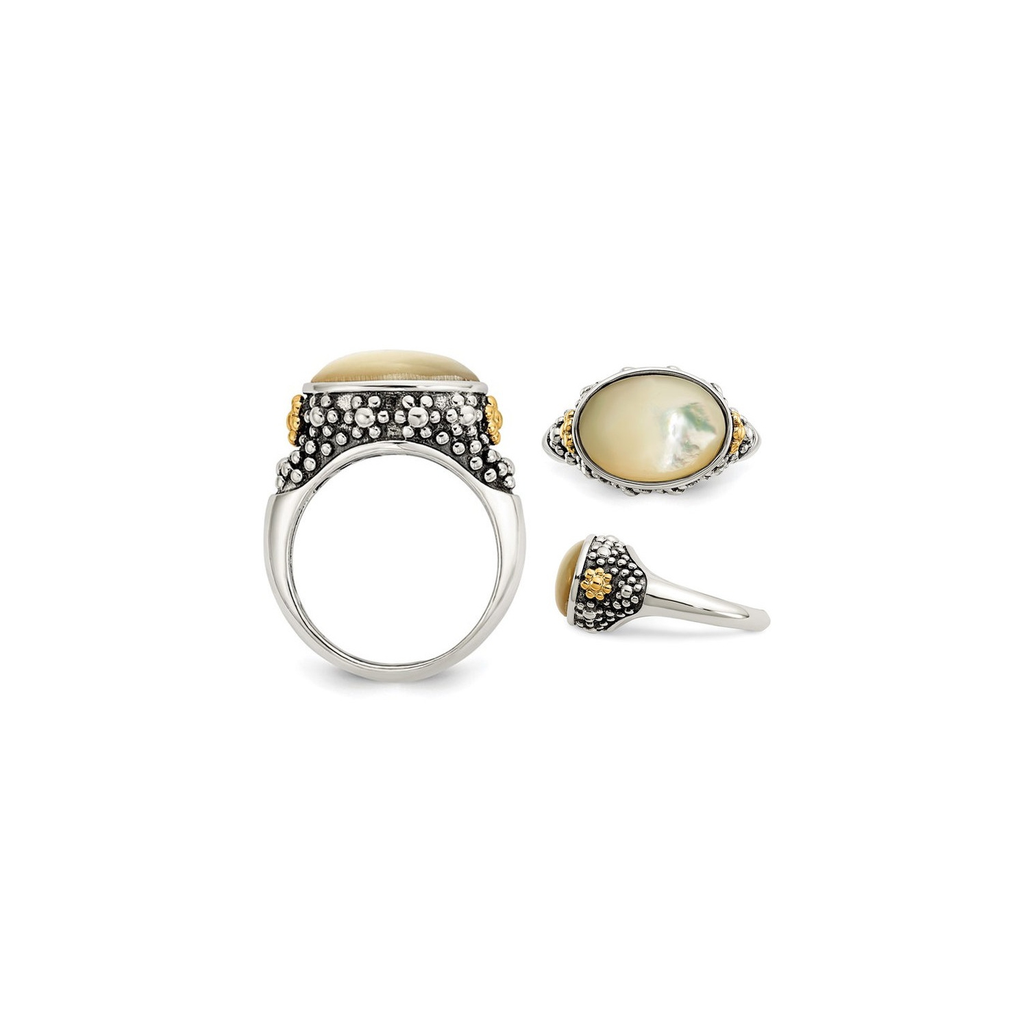 Anneau de nacre blanc en argent sterling avec des accents d'or 14 000