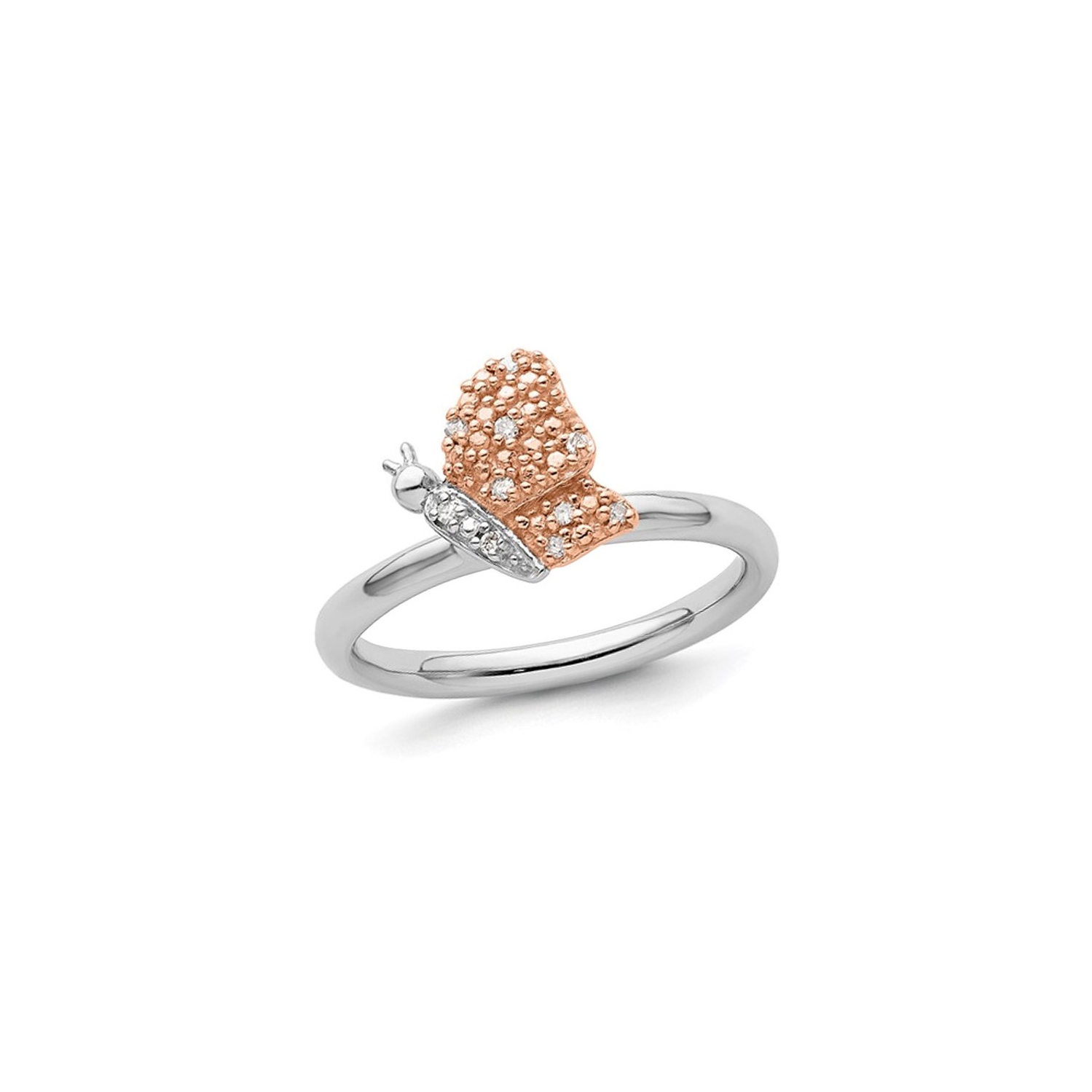 Sterling Silver Butterfly Ring with Pink Plating and Accent Diamonds