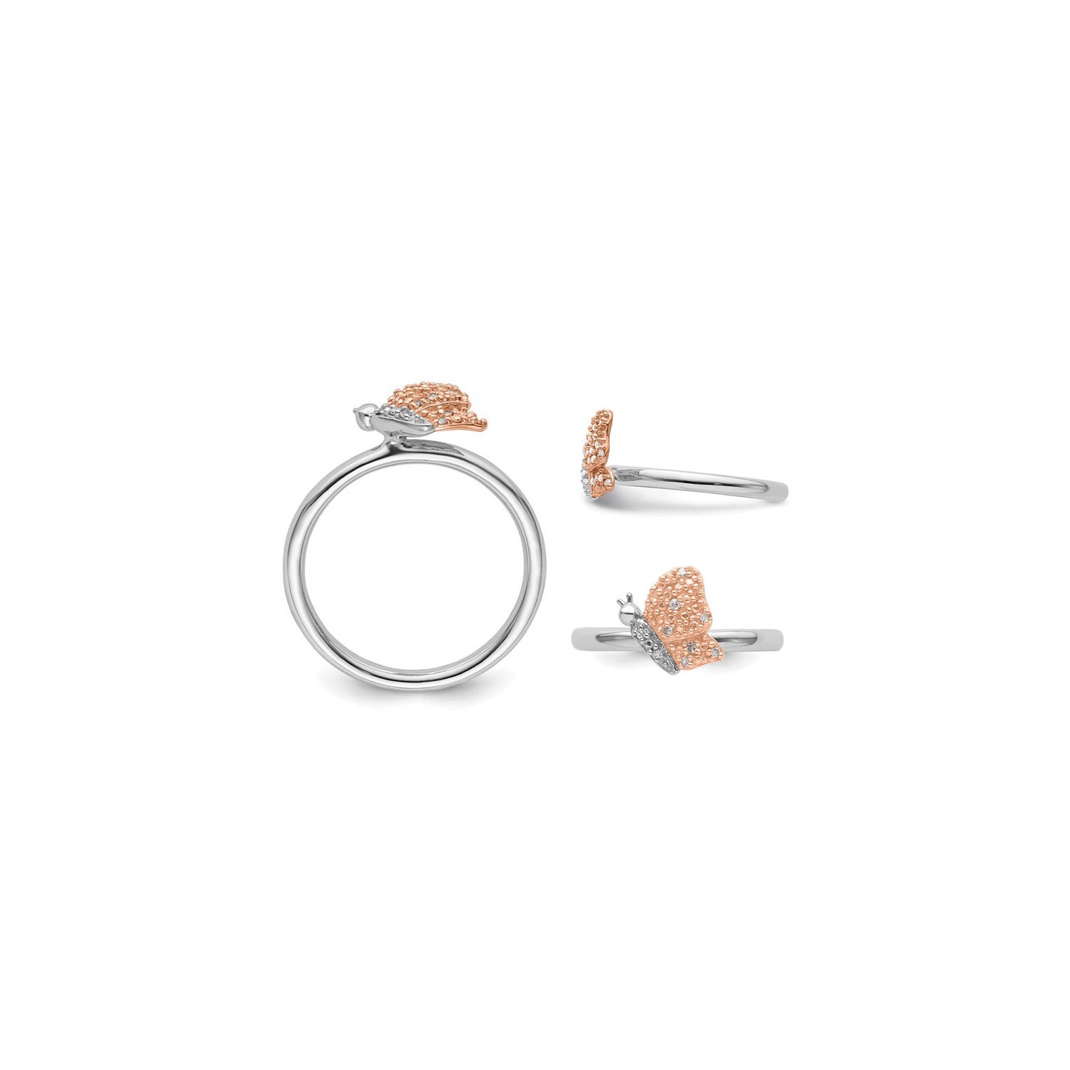 Sterling Silver Butterfly Ring with Pink Plating and Accent Diamonds