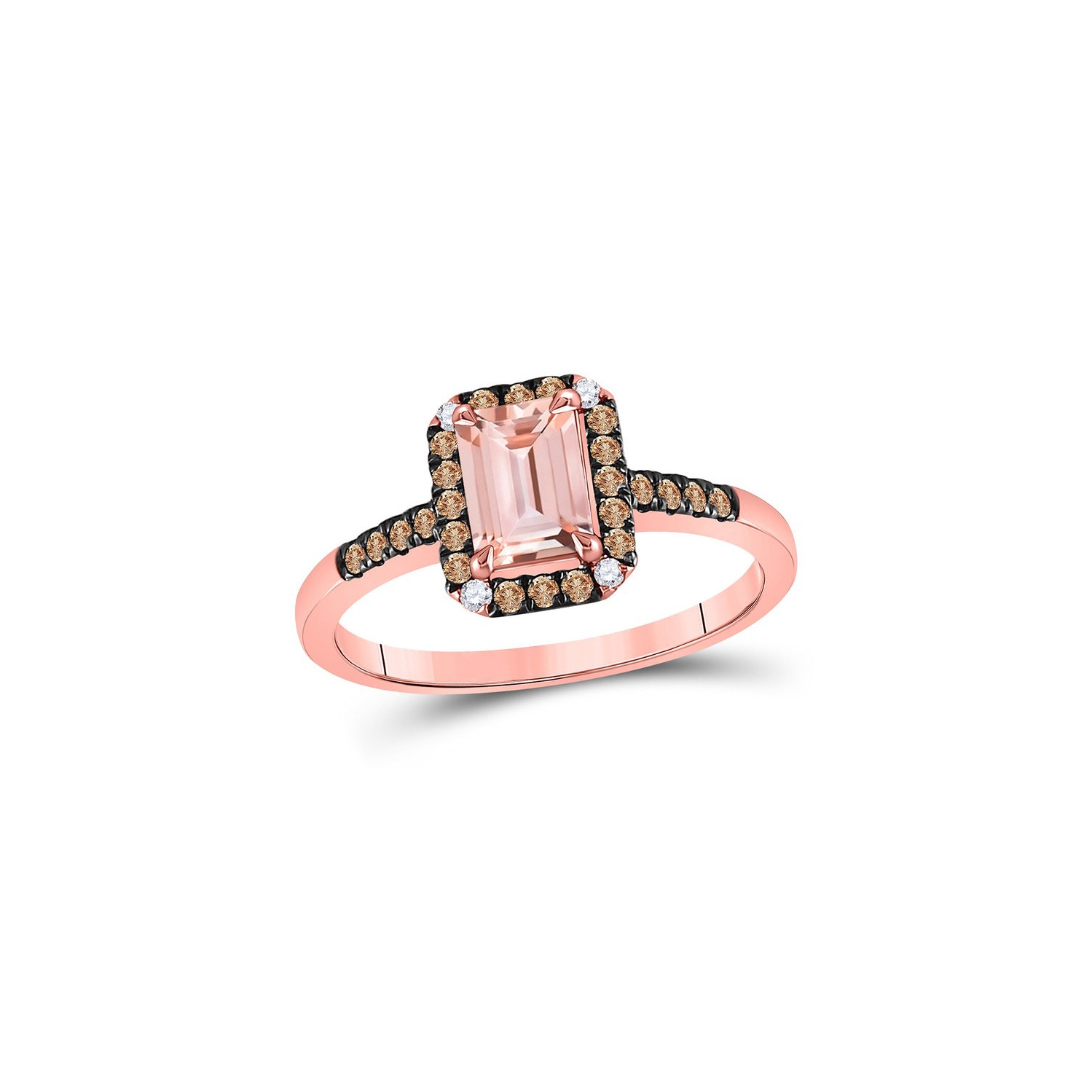 Bague en or rose 10K ct avec morganite à taille émeraude de 1,00&nbsp;carat avec diamants bruns champagne