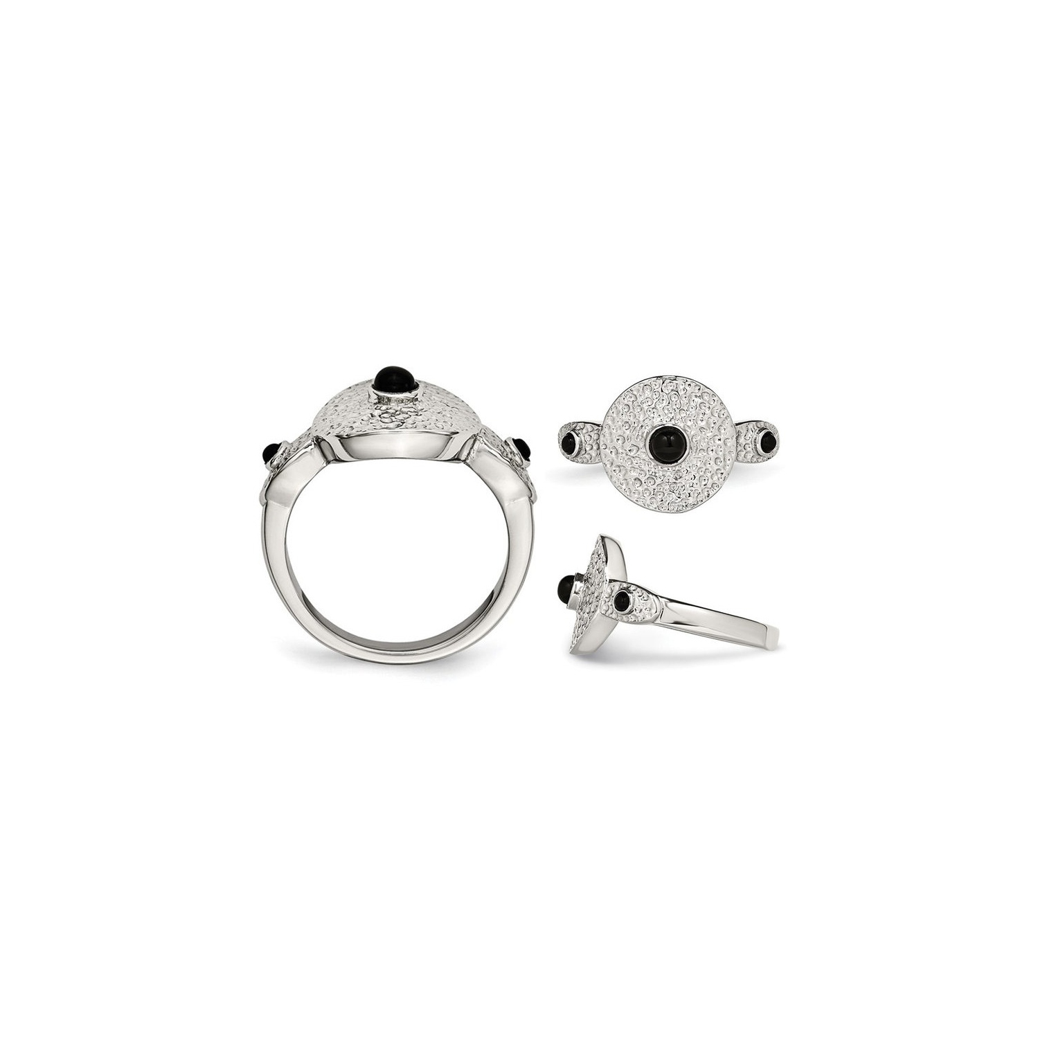 Anneau d'onyx noir poli et textur?? en acier inoxydable et textur??