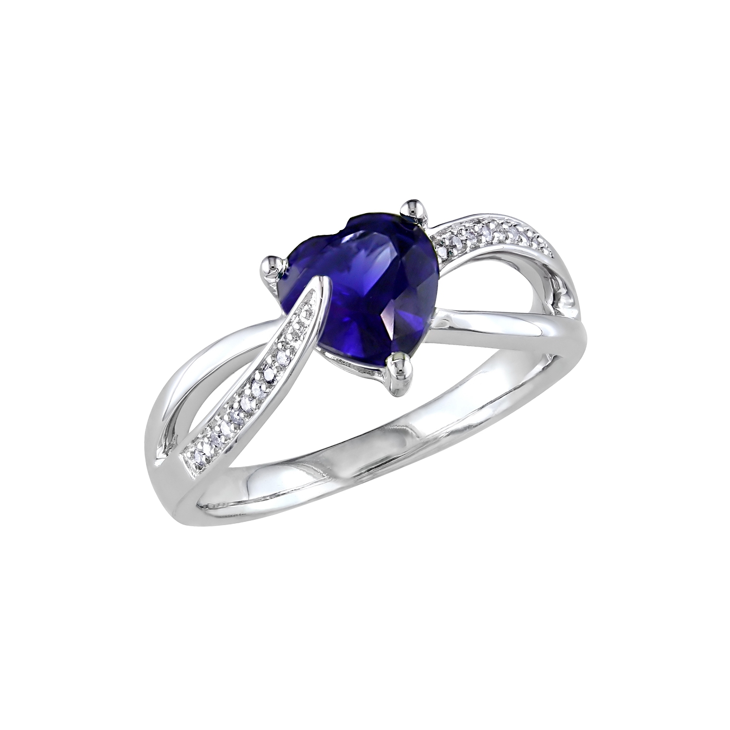 Created Blue Sapphire and Diamond Heart Ring 1.90 Carat in Sterling Silver