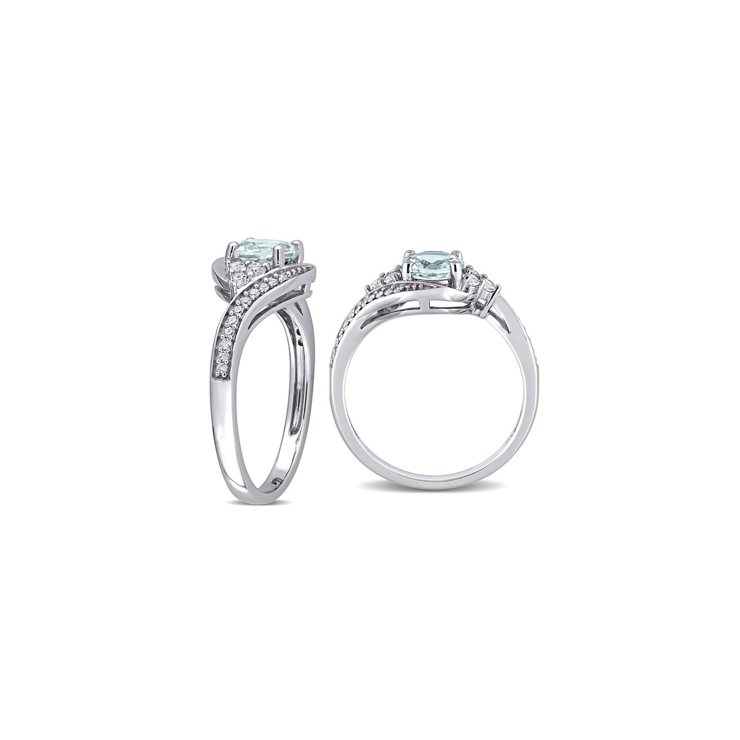 7/8 Carat Aquamarine and White Topaz Swirl Ring in 10K White Gold with Diamonds