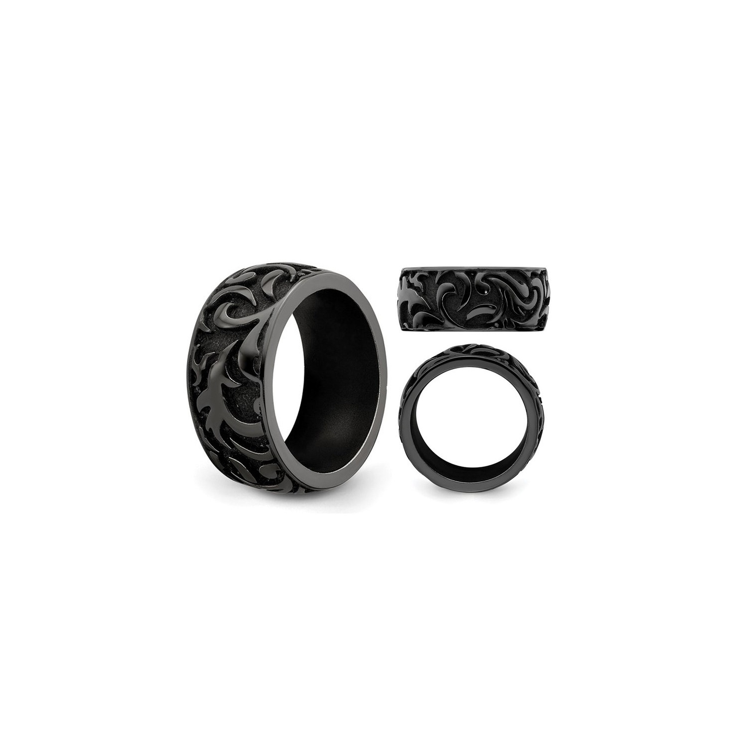Mens Black Titanium 11mm Pattern Band Ring
