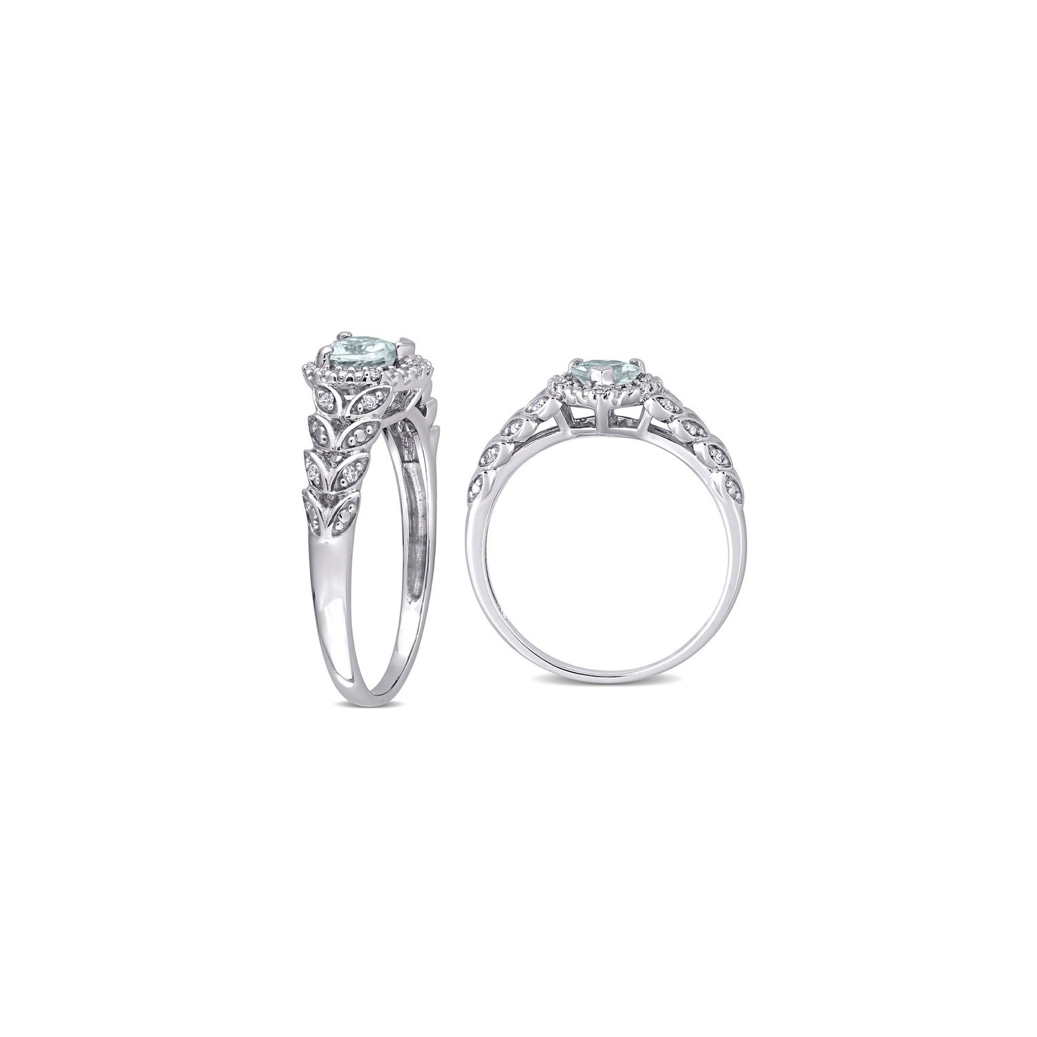 Bague en or blanc 10 ct avec diamants décoratifs, aigue-marine en forme de coeur 1/3 carat