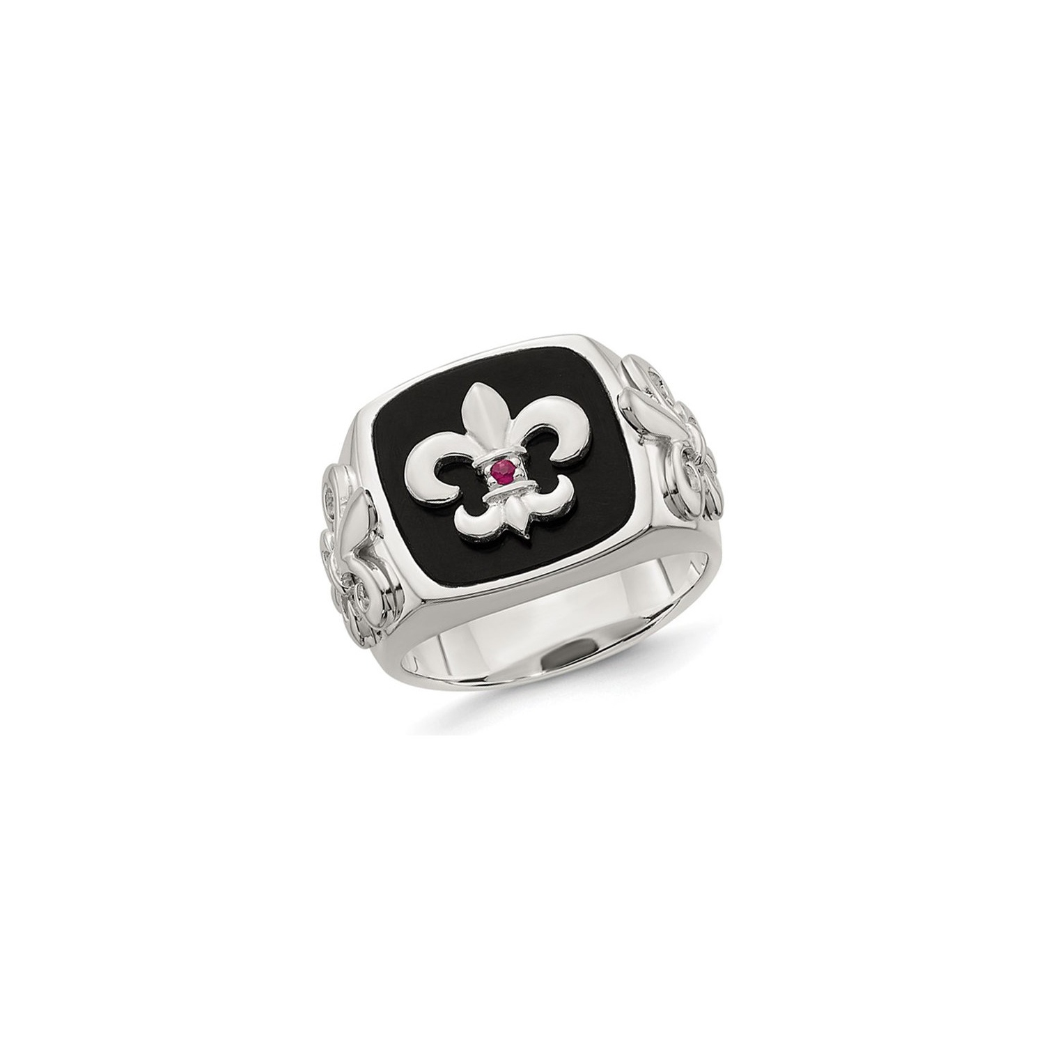 Mens Sterling Silver Fleur-De-Lis Ring with Black Onyx and Ruby