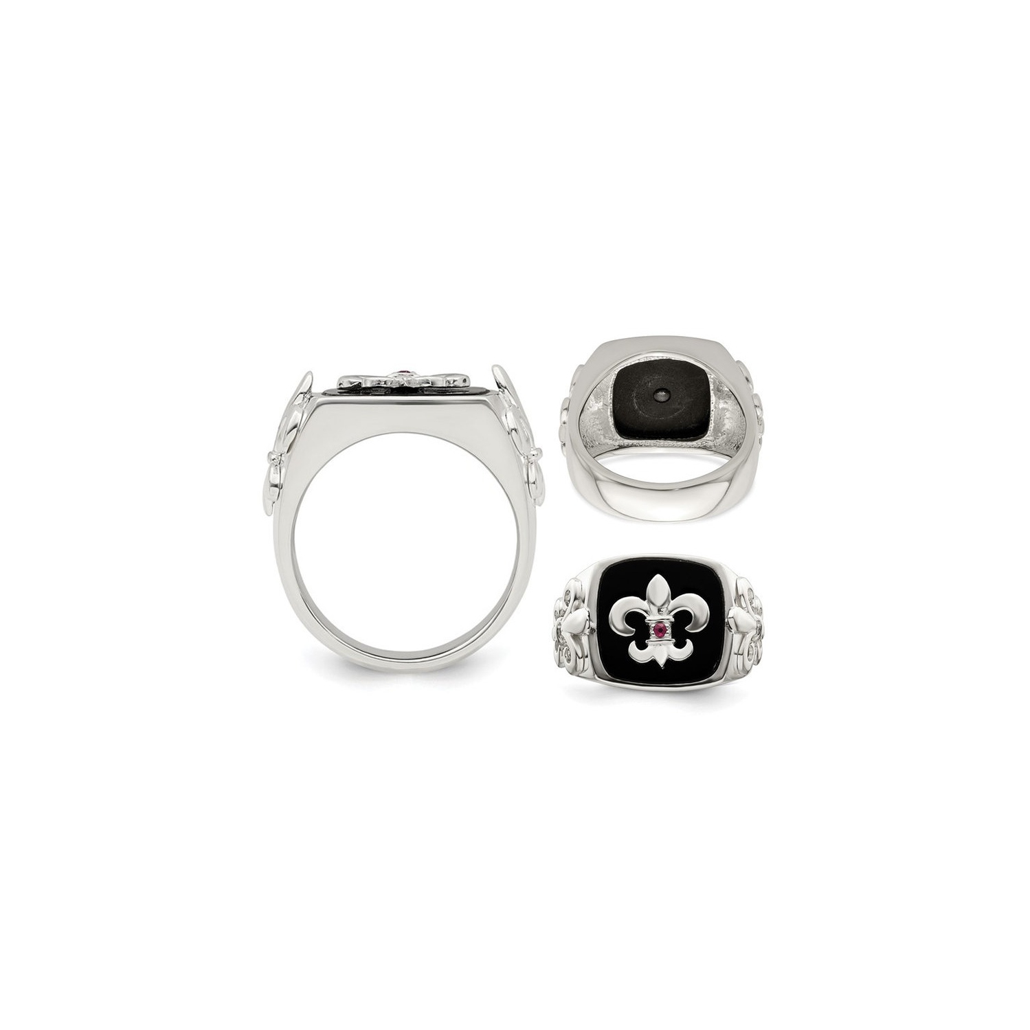 Mens Sterling Silver Fleur-De-Lis Ring with Black Onyx and Ruby