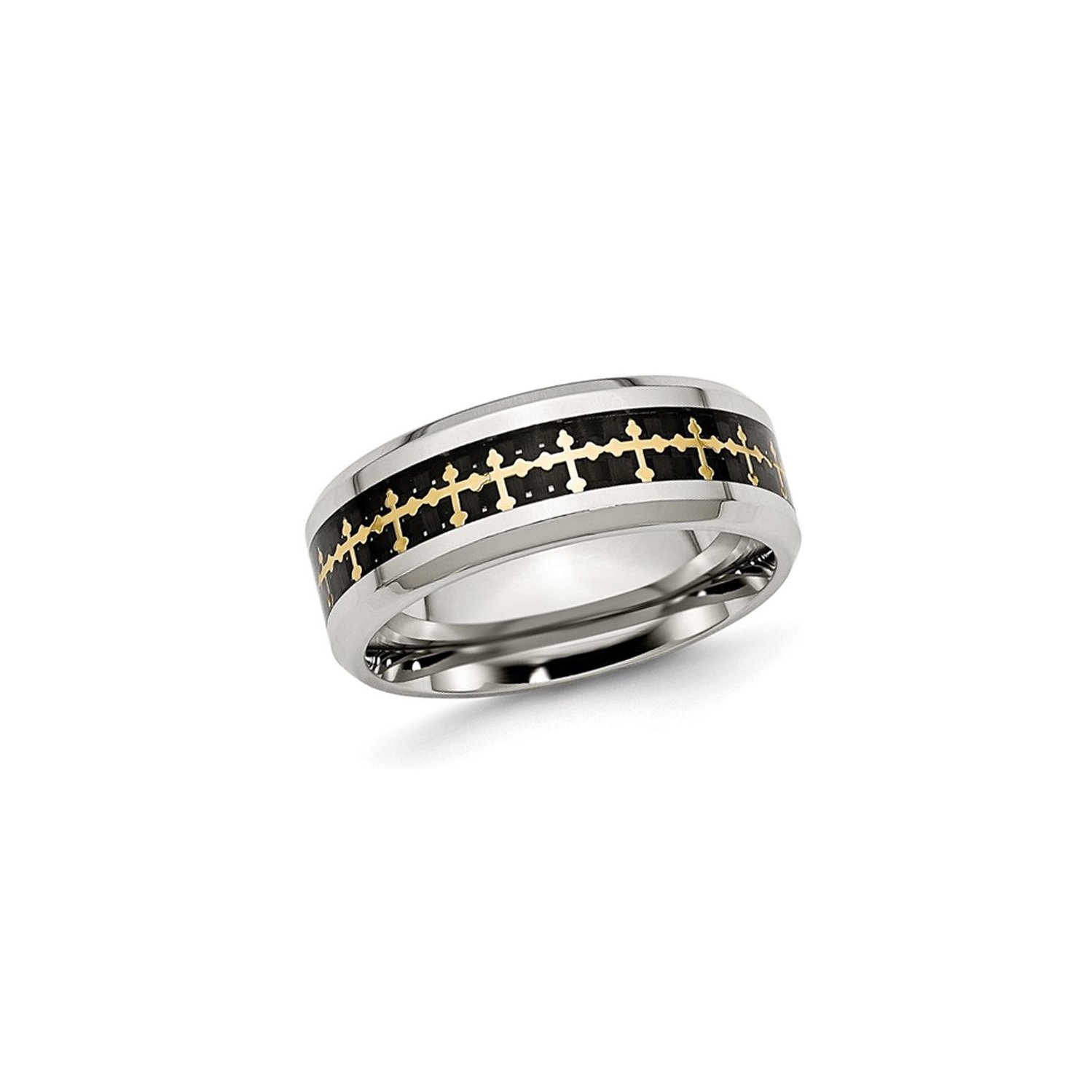 Mens Stainless Steel Carbon Fiber Inlay Cross Band Ring