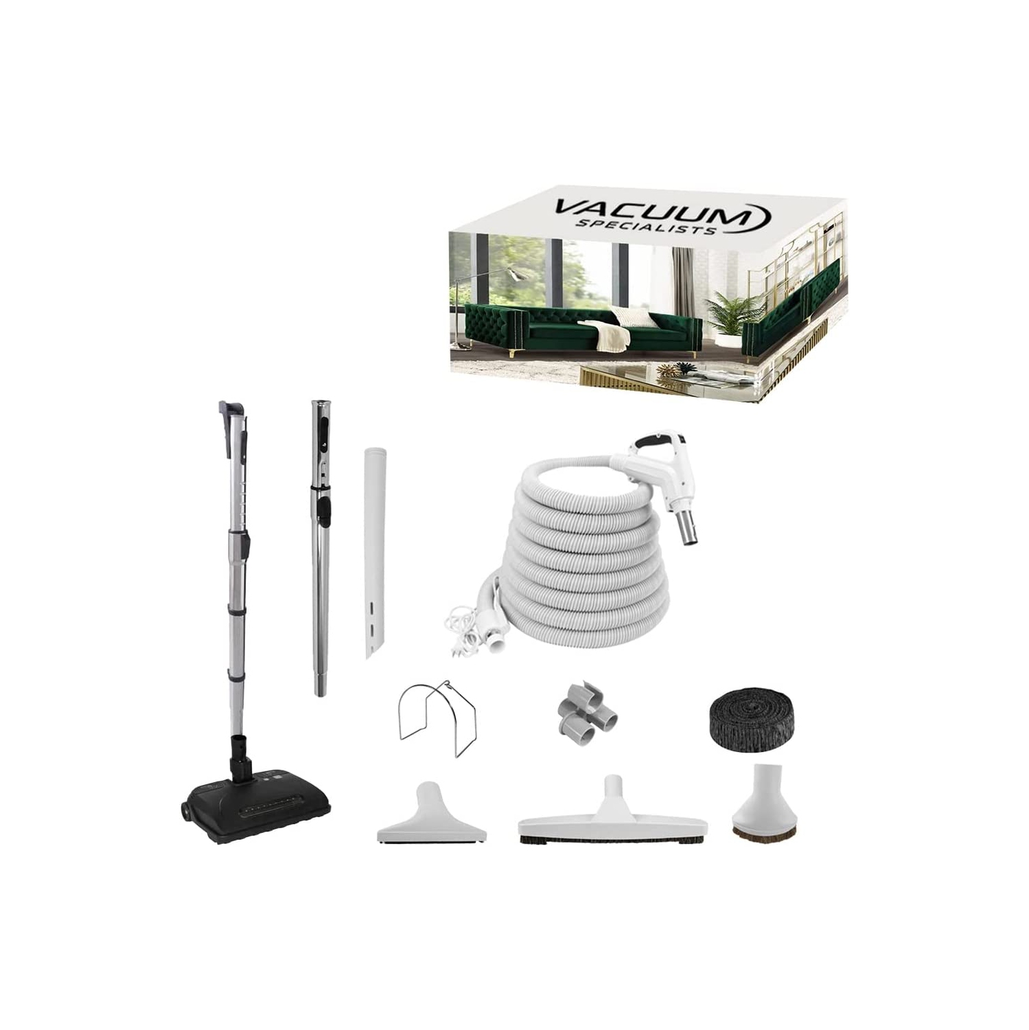 Vacuum Specialists "ELEGANT" Central Vacuum 30FT Self-Adjusting Electric Airstream Power Nozzle Accessory Kit -FREE HOSE COVER-