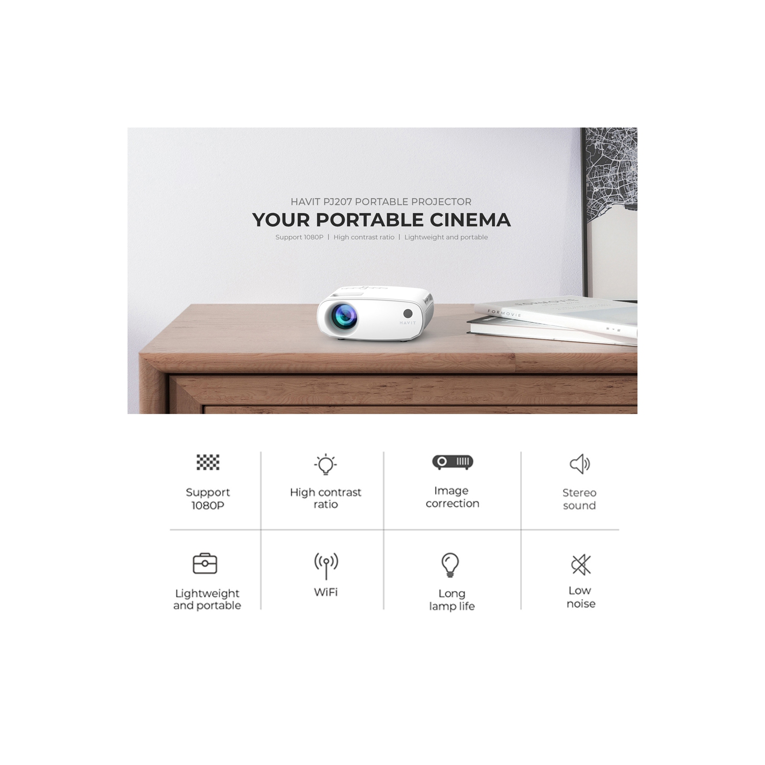 Havit Mini Projector, 1280x720P, Support 1080P, WiFi, Bluetooth, 110 ANSI Lumens, Build-in HiFi Stereo speaker_Black