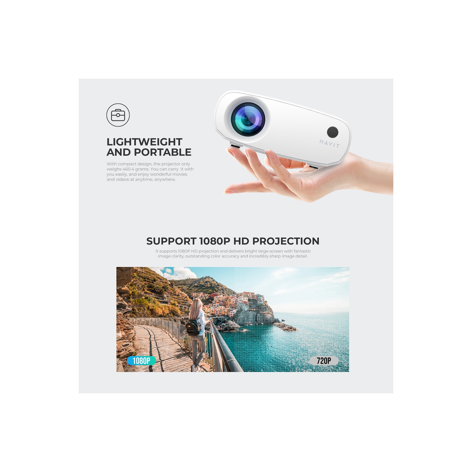 Havit Mini Projector, 1280x720P, Support 1080P, WiFi, Bluetooth, 110 ANSI Lumens, Build-in HiFi Stereo speaker_Black