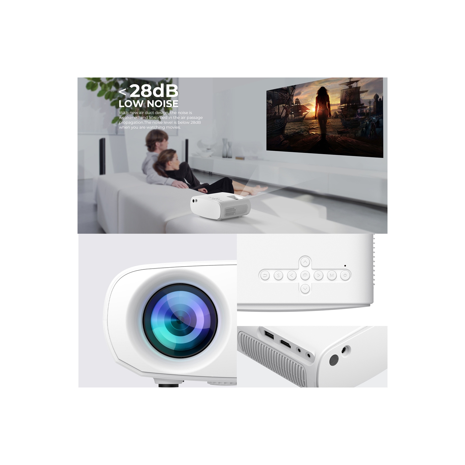 Havit Mini Projector, 1280x720P, Support 1080P, WiFi, Bluetooth, 110 ANSI Lumens, Build-in HiFi Stereo speaker_Black