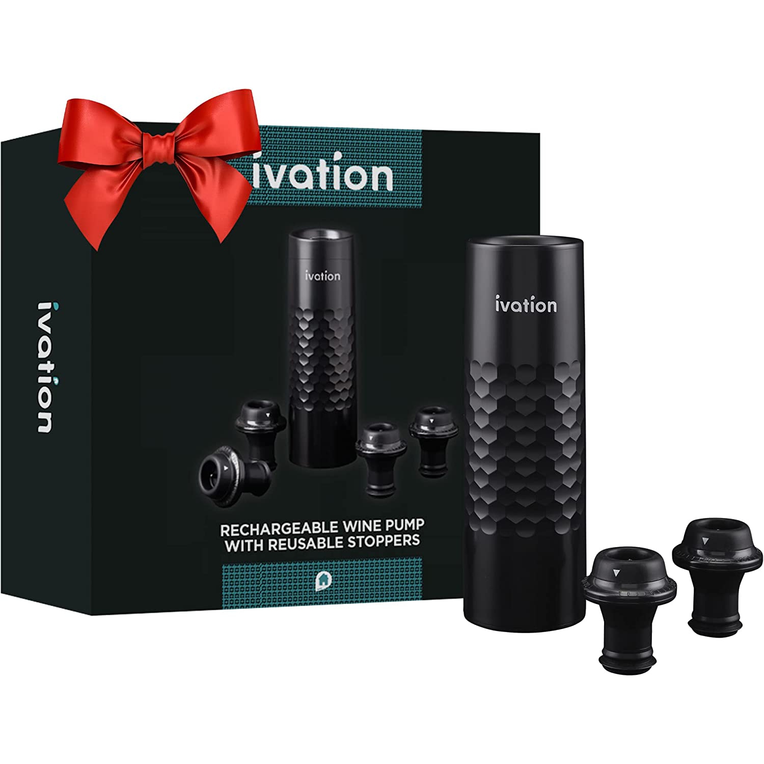 Ivation - Rechargeable Wine Pump with 4 Wine Bottle Stoppers / Wine Bottle Sealer