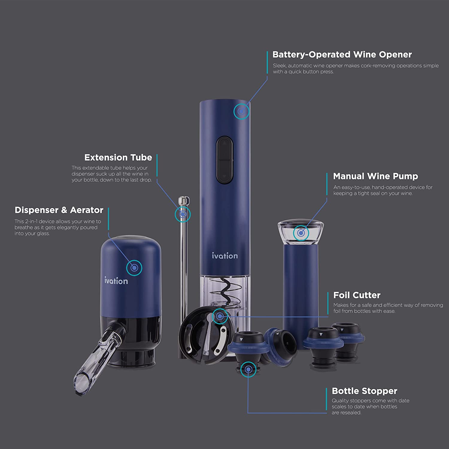 Ivation Electric Wine Opener, 7-Piece Wine Gift Set, Electric Bottle Opener, Wine Aerator Pourer