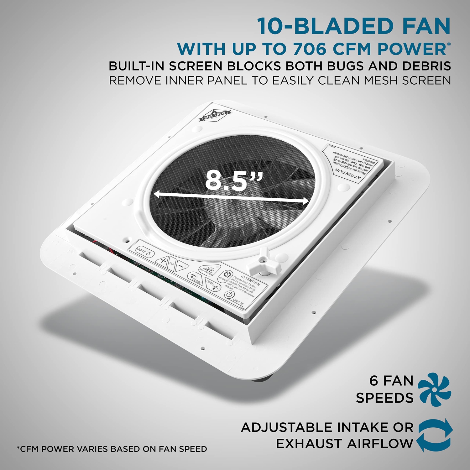 Hike Crew 11” RV Roof Vent Fan, 12V 10-Speed RV Vent Fan with LED Light and Remote, Smoked Lid