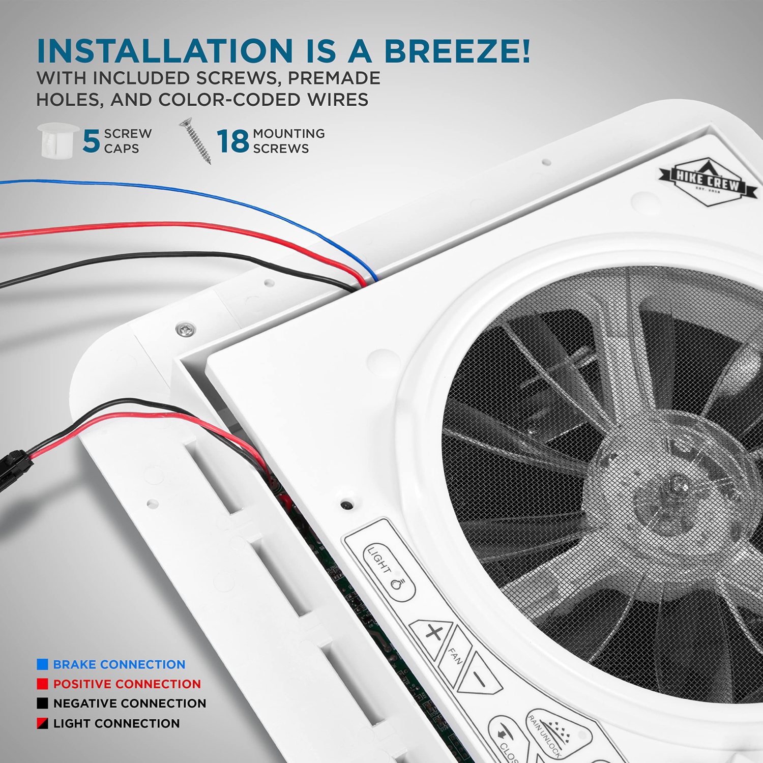 Hike Crew 11” RV Roof Vent Fan, 12V 10-Speed RV Vent Fan with LED Light and Remote, Smoked Lid