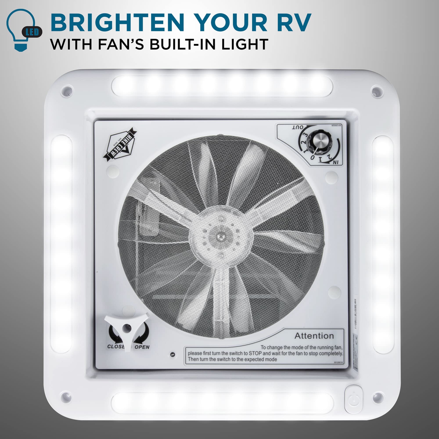 Hike Crew 11” RV Roof Vent Fan, 12V RV Vent Fan W/Light, 3 Speeds and Manual Crank Lift, White Lid