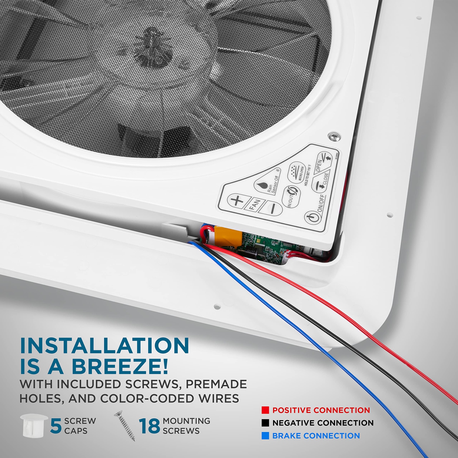 Ventilateur de toit de VR 14 po de randonnée Crew, 12 V, ventilateur de 10 vitesses de VR avec télécommande et capteur de pluie, couvercle blanc