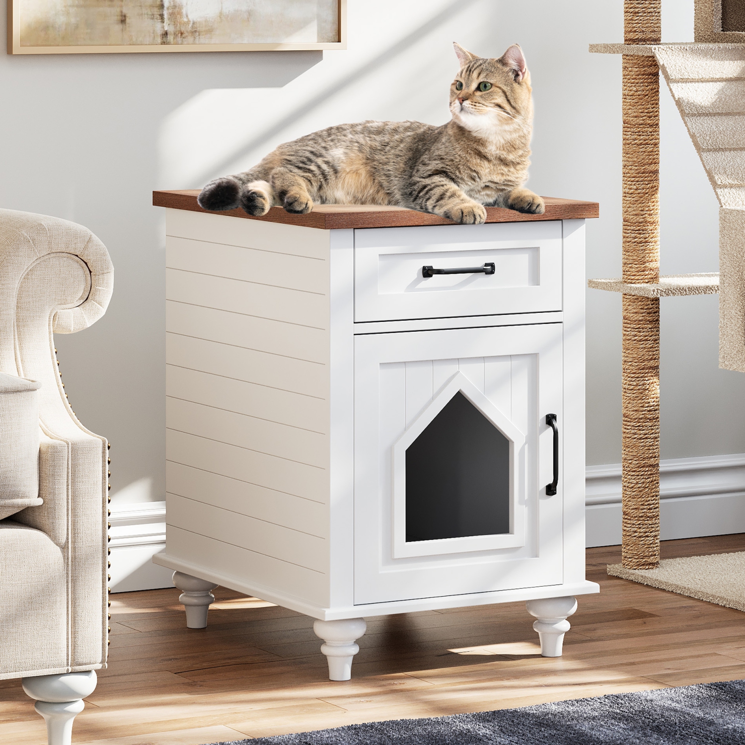 Table d’appoint Wampi Pet, bac à litière pour chats, bac à litière dissimulé, table de chevet avec couvercle pour chats, armoire pour chats
