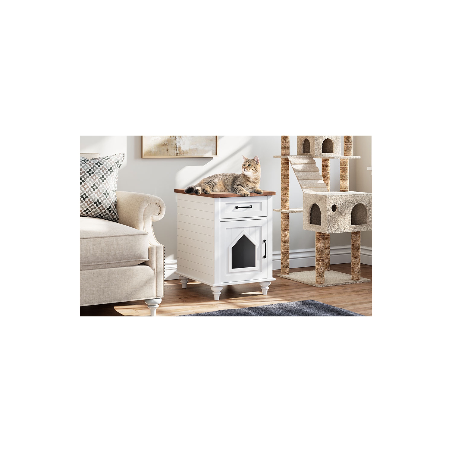 Table d’appoint Wampi Pet, bac à litière pour chats, bac à litière dissimulé, table de chevet avec couvercle pour chats, armoire pour chats