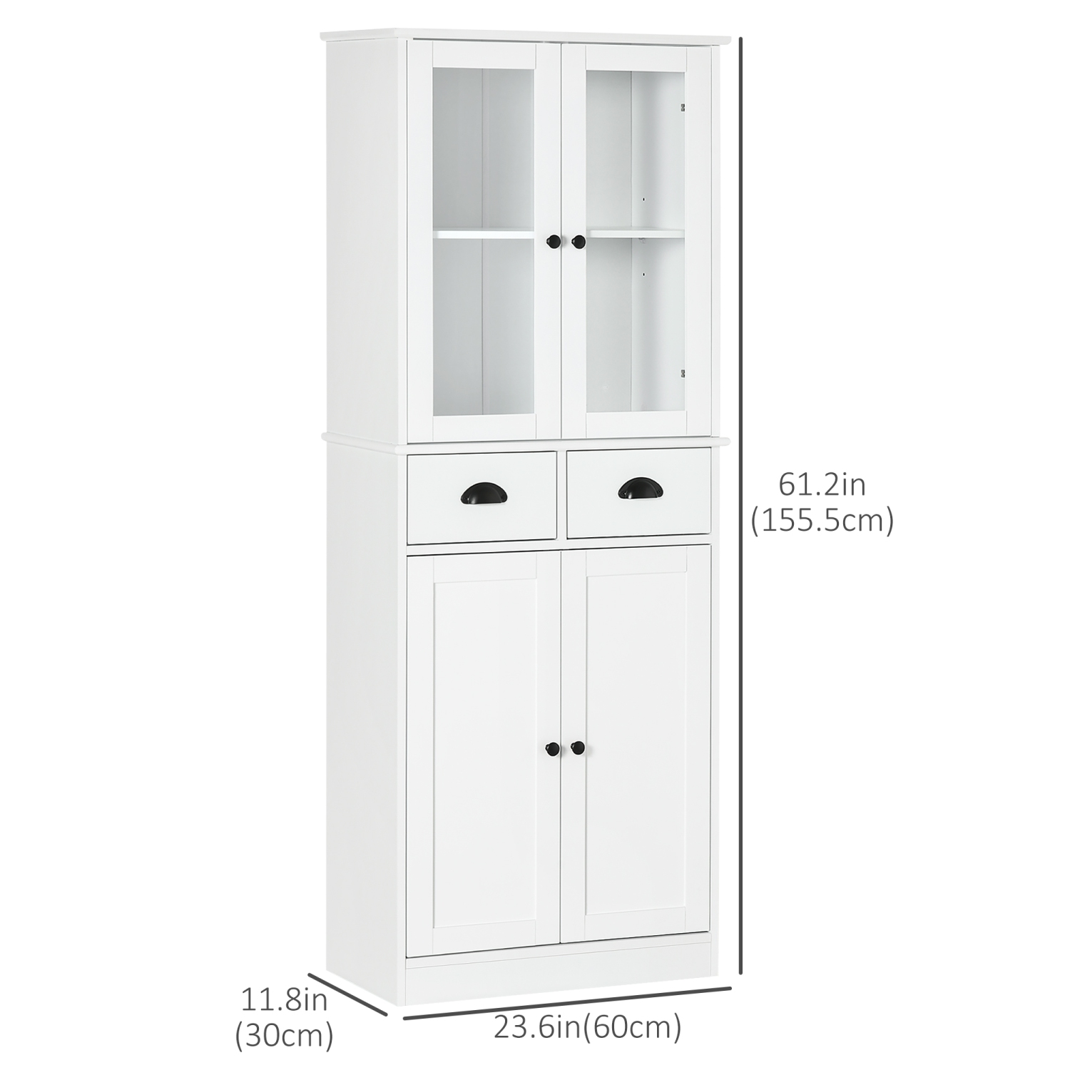 HOMCOM 61" Kitchen Pantry Cabinet, Freestanding Farmhouse Buffet Storage Cabinet with Soft Close Glass Doors and Adjustable Shelves, White
