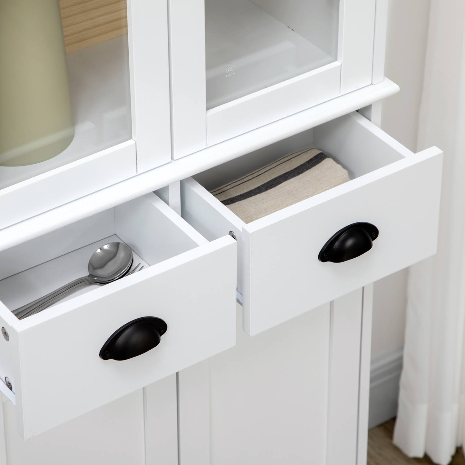 HOMCOM 61" Kitchen Pantry Cabinet, Freestanding Farmhouse Buffet Storage Cabinet with Soft Close Glass Doors and Adjustable Shelves, White