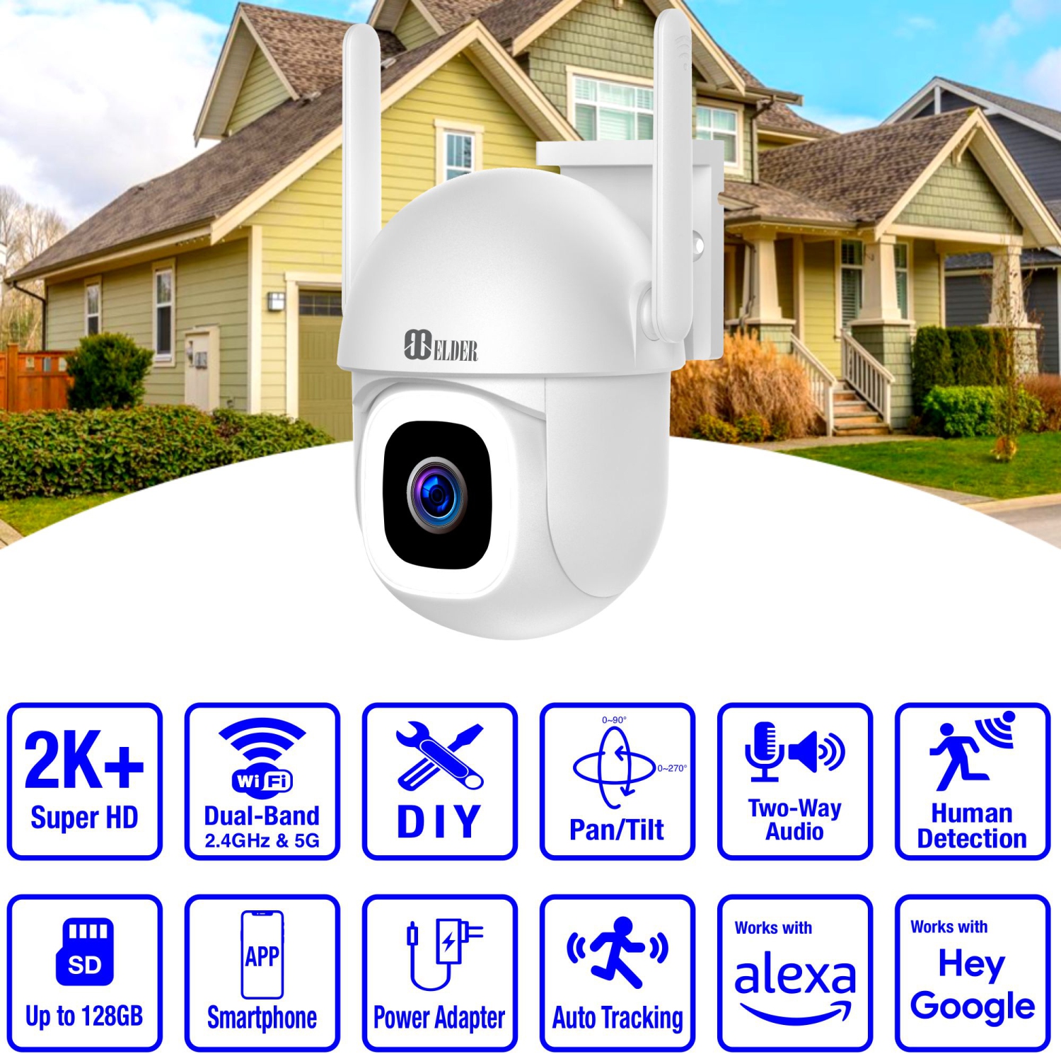 Caméra de surveillance d'Elder avec Wi-Fi 2K+pour l'extérieure PTZ 64 Go semi-sans fil pour maison intelligente à installer soi-même, fonctionne avec