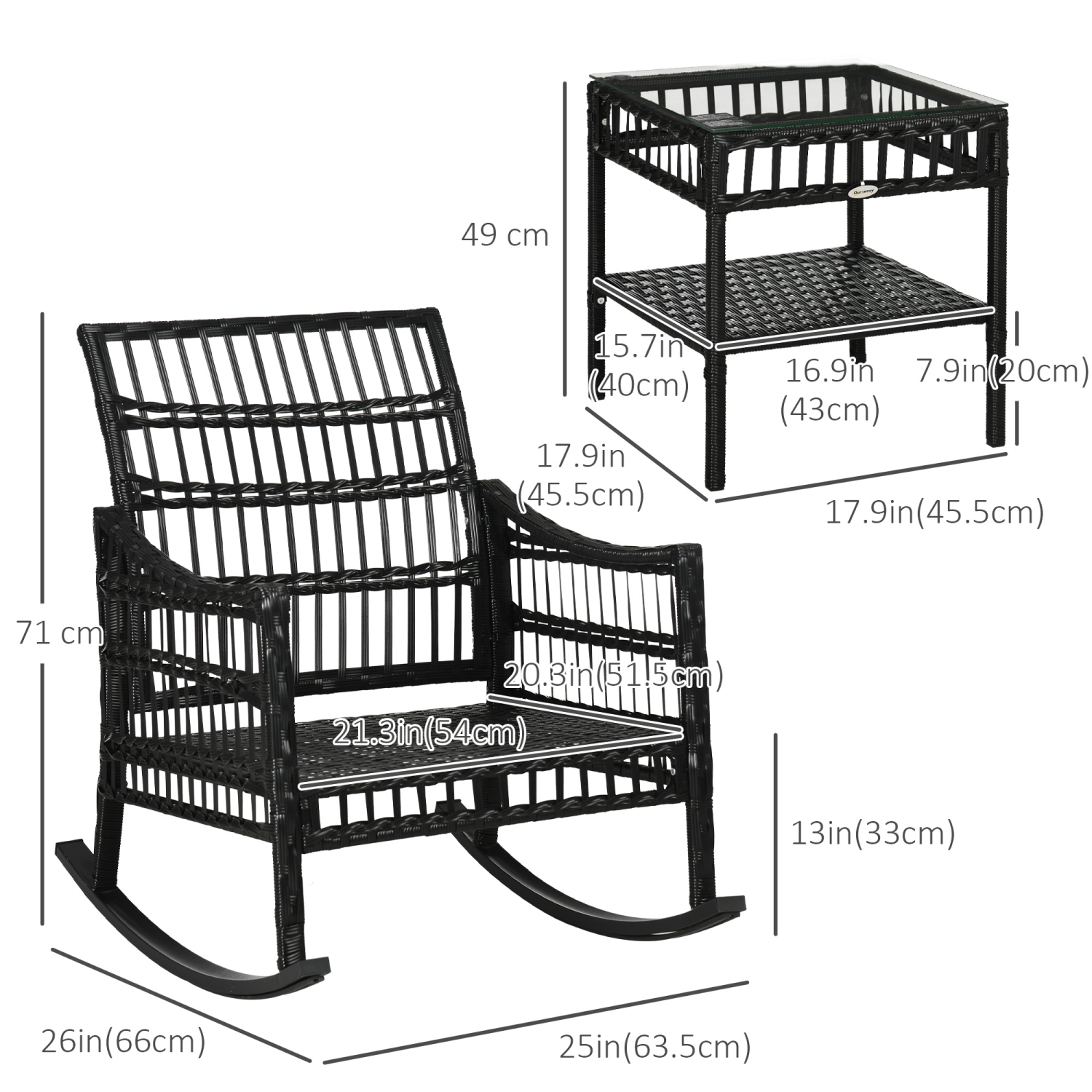 Outsunny 3 Pieces Outdoor PE Rattan Rocking Chair Set, Patio Wicker Rocker Chair Bistro set with Padded Cushions and Storage, for Garden Backyard