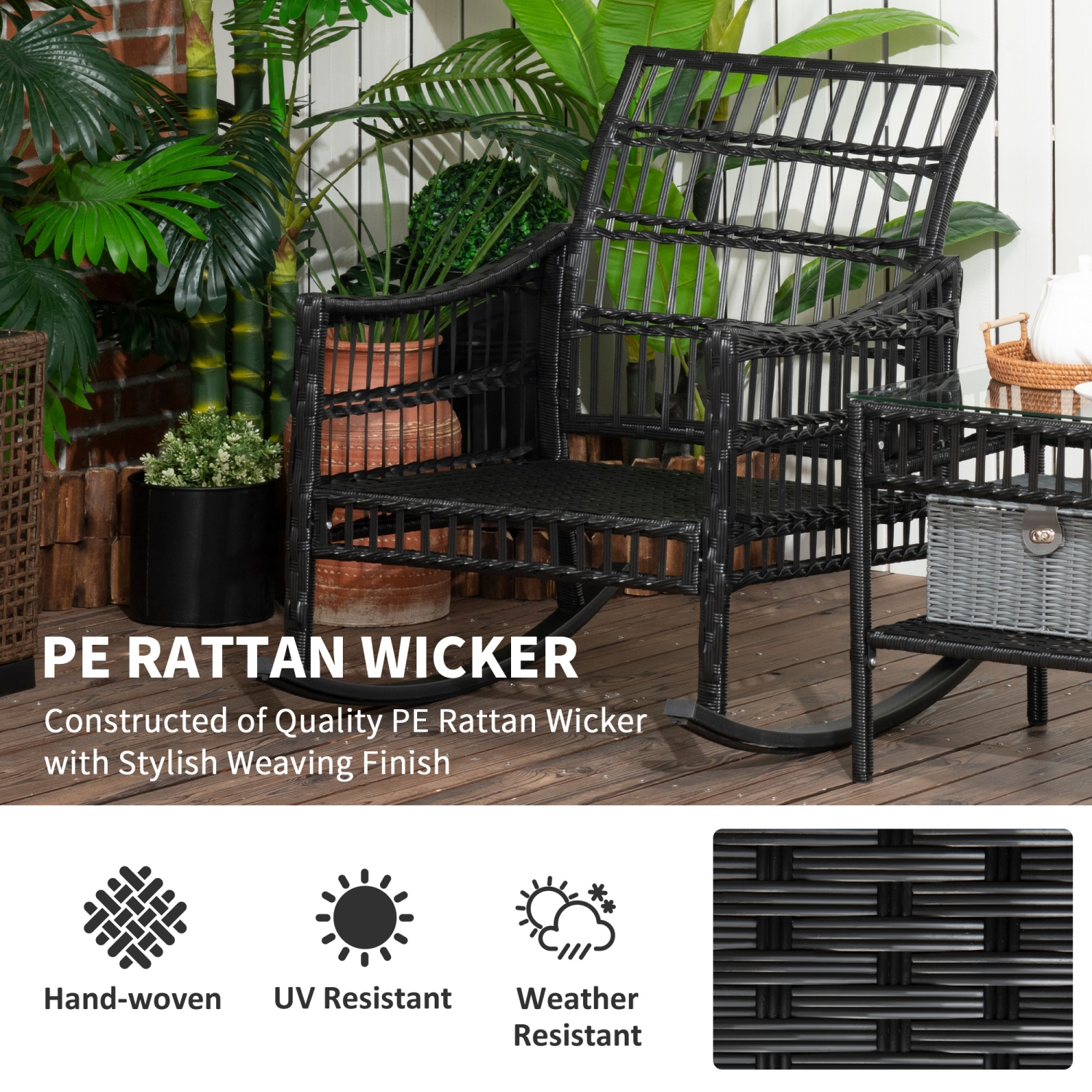 Outsunny 3 Pieces Outdoor PE Rattan Rocking Chair Set, Patio Wicker Rocker Chair Bistro set with Padded Cushions and Storage, for Garden Backyard