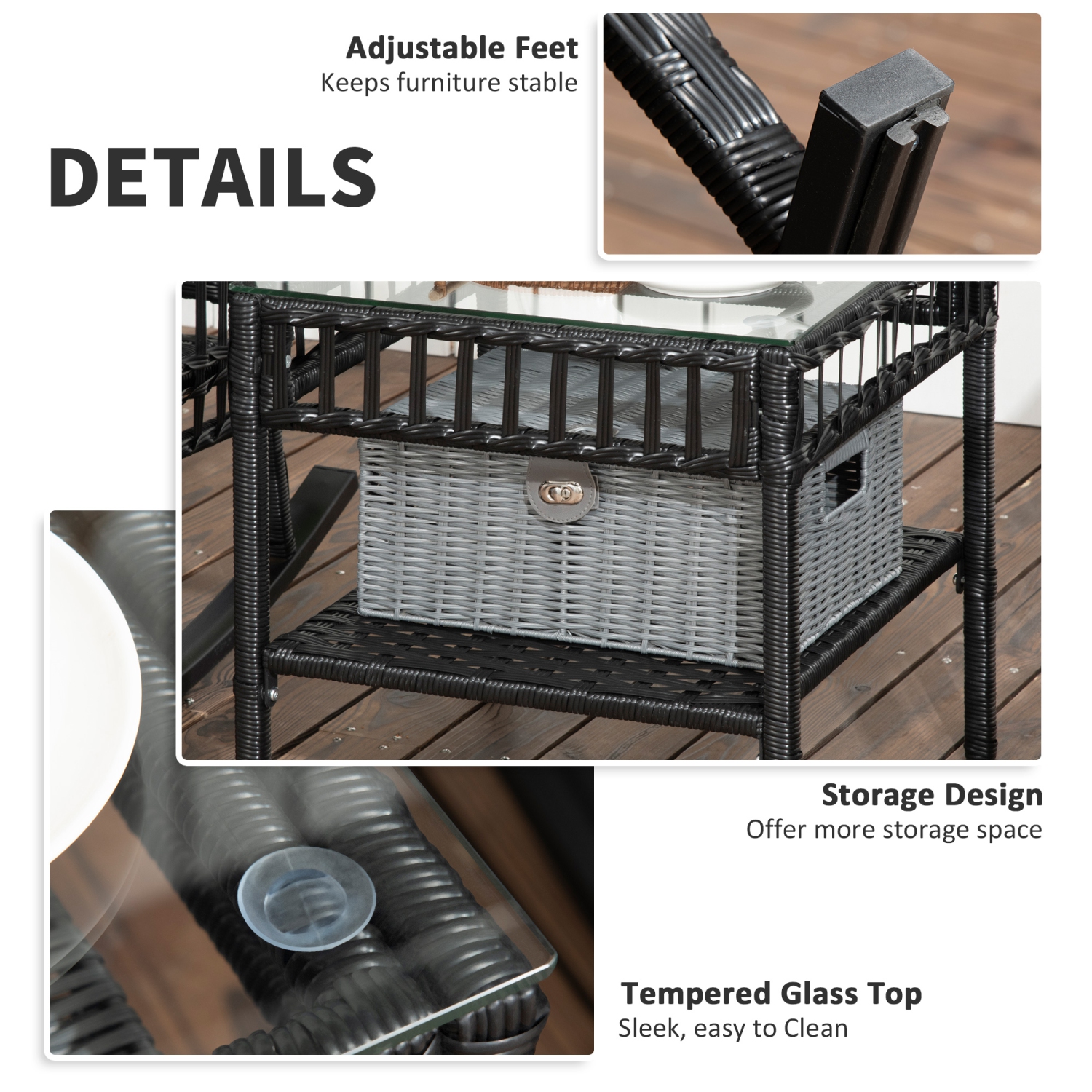 Outsunny 3 Pieces Outdoor PE Rattan Rocking Chair Set, Patio Wicker Rocker Chair Bistro set with Padded Cushions and Storage, for Garden Backyard