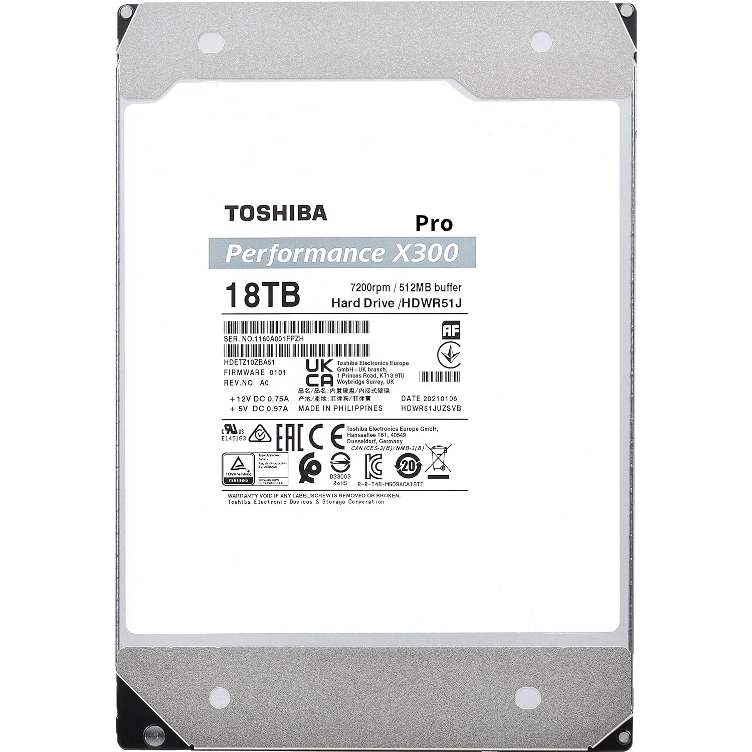 Toshiba X300 PRO 18TB 3.5-Inch Internal Hard Drive – Up to 300 TB/Year Workload Rate CMR SATA 6 GB/s 7200 RPM 512 MB Cache - HDWR51JXZSTB