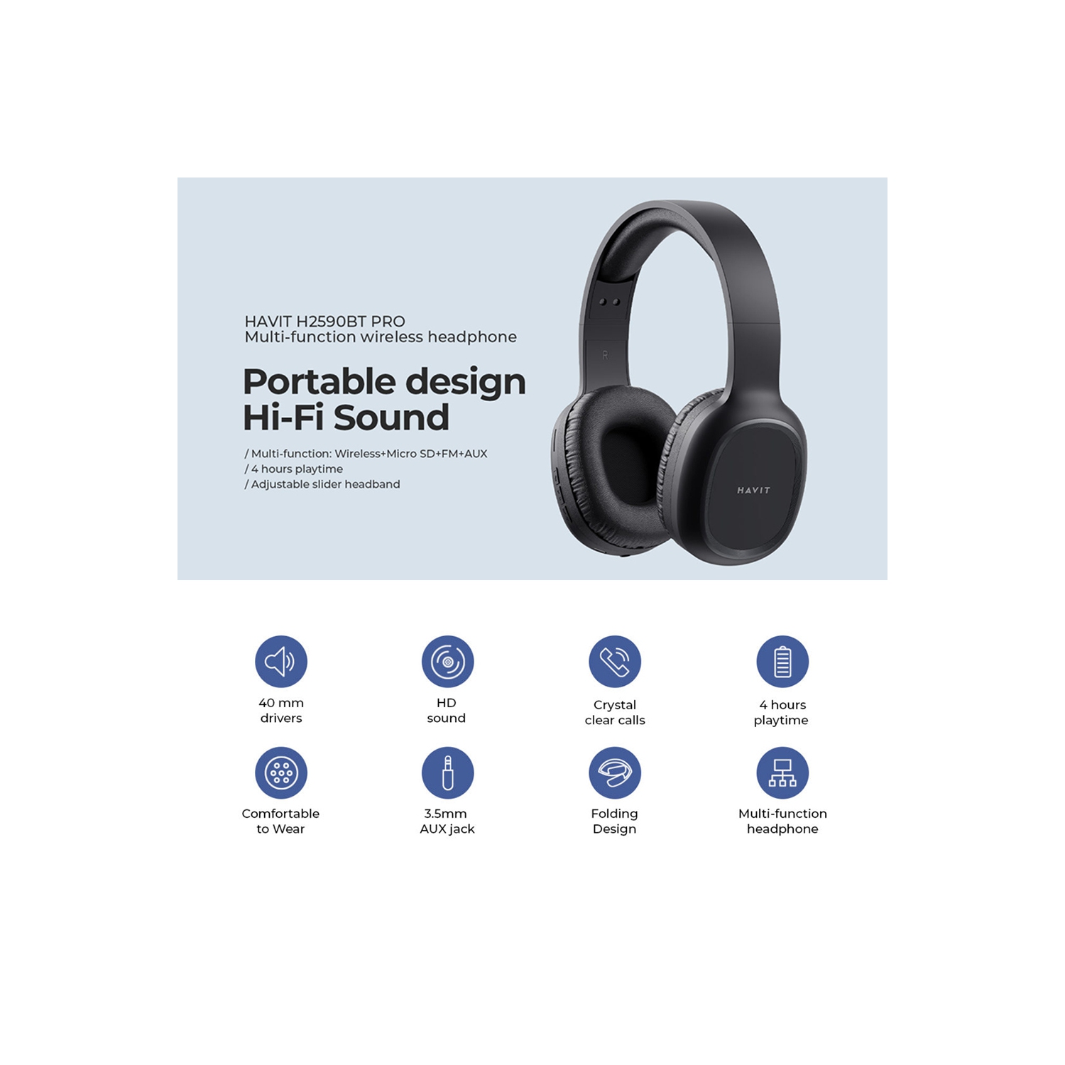 Havit H2590BT Pro Wireless Bluetooth V5.1 Multifunction headphone, Folding design_Black