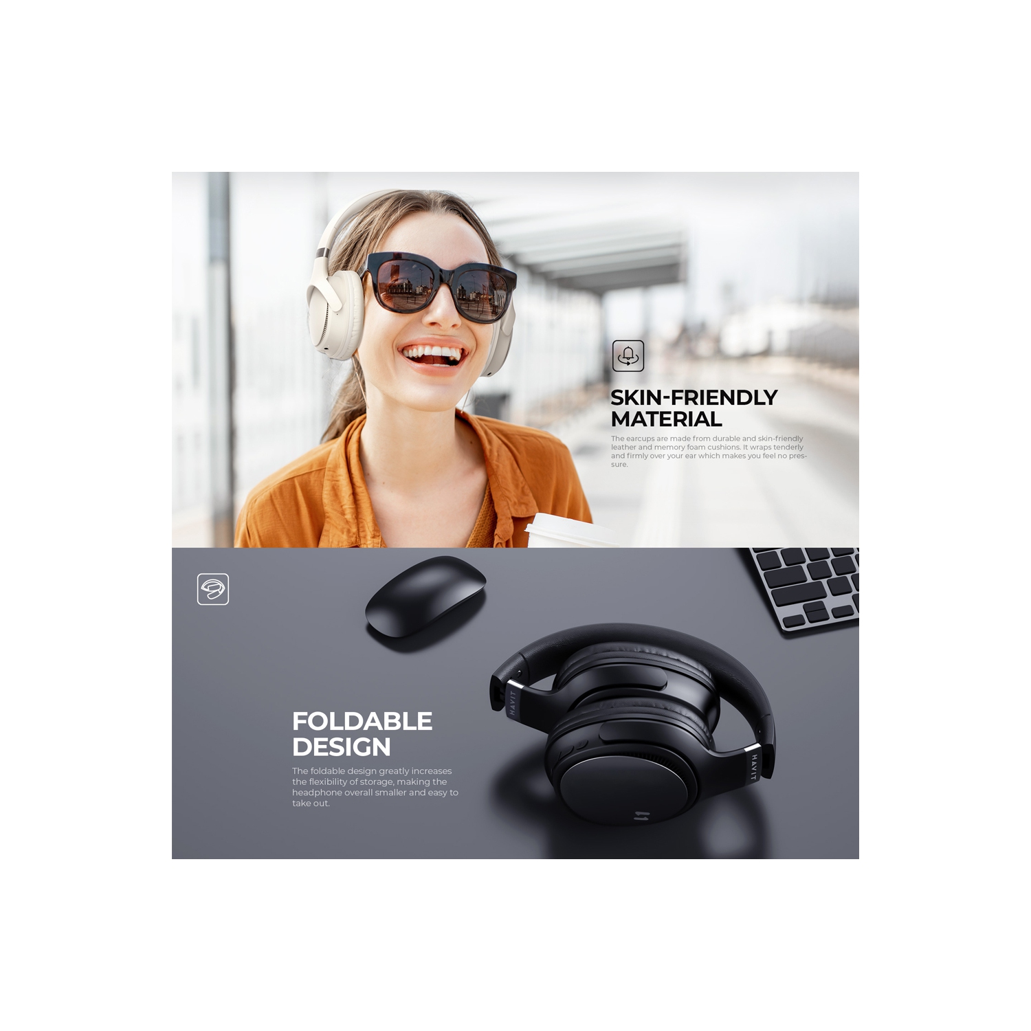 Casque d’écoute repliable sans fil Bluetooth V5.3 H630BT avec microphone_couleur beige de Havit