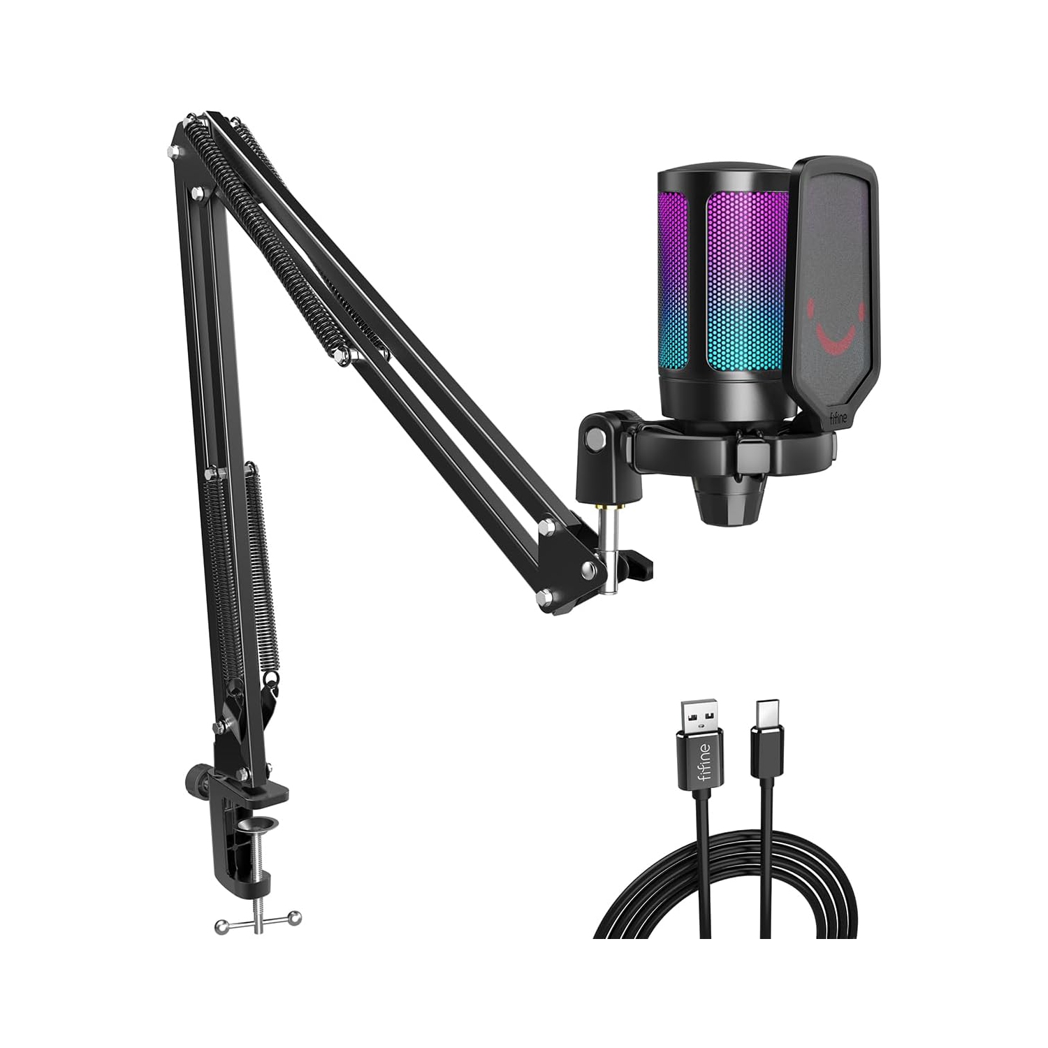 Microphone de jeu Fifine pour PC, ensemble micro USB à condensateur avec RVB, mise en sourdine rapide, bouton de gain, pied de perche, filtre