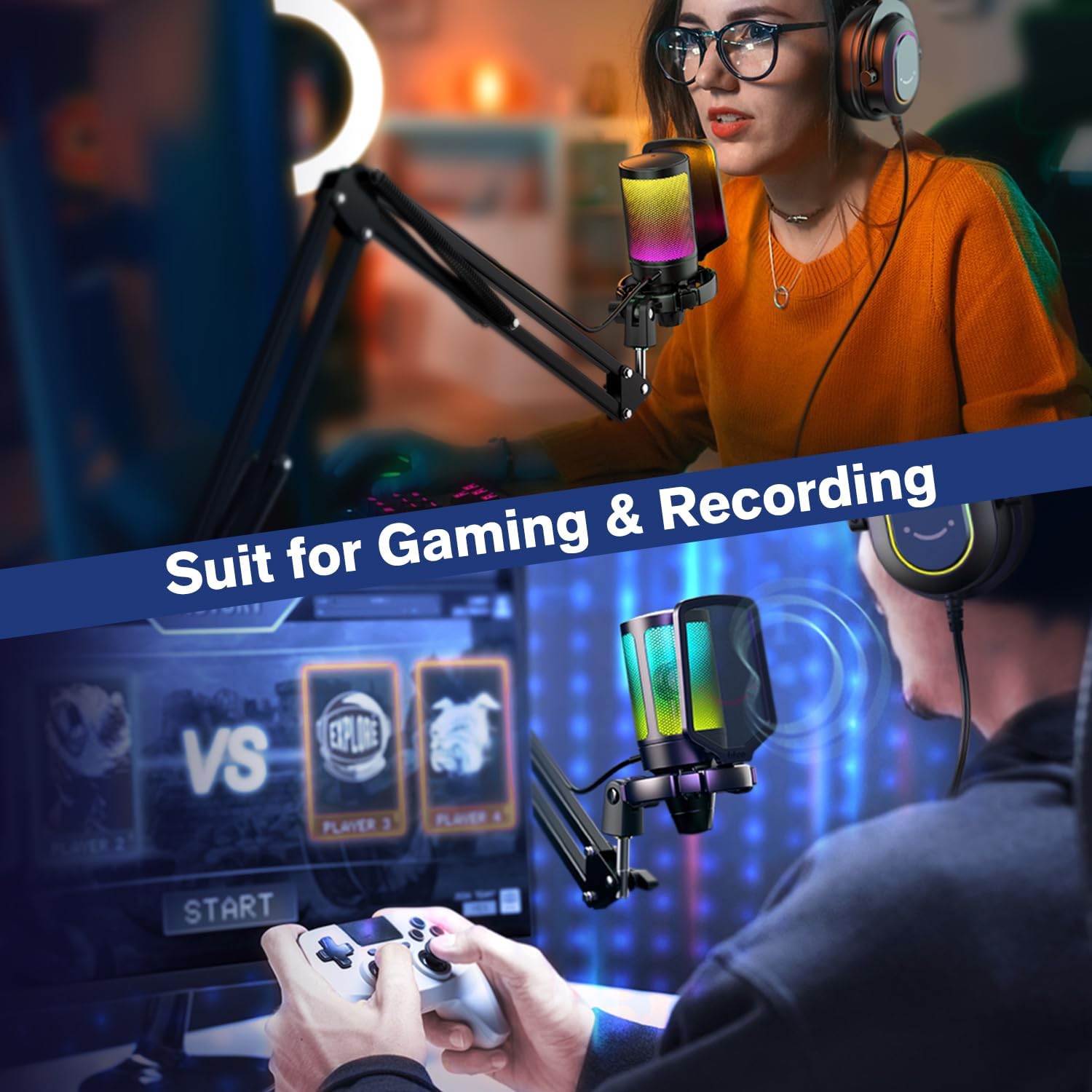 Microphone de jeu Fifine pour PC, ensemble micro USB à condensateur avec RVB, mise en sourdine rapide, bouton de gain, pied de perche, filtre