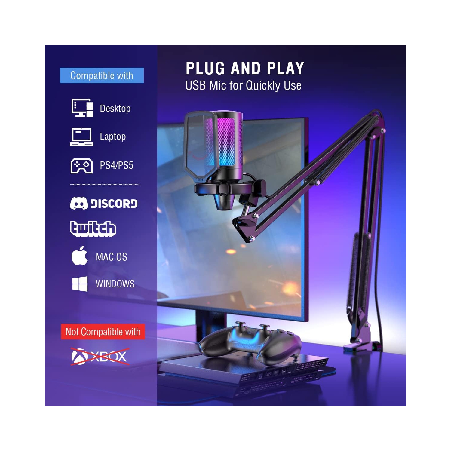 Microphone de jeu Fifine pour PC, ensemble micro USB à condensateur avec RVB, mise en sourdine rapide, bouton de gain, pied de perche, filtre