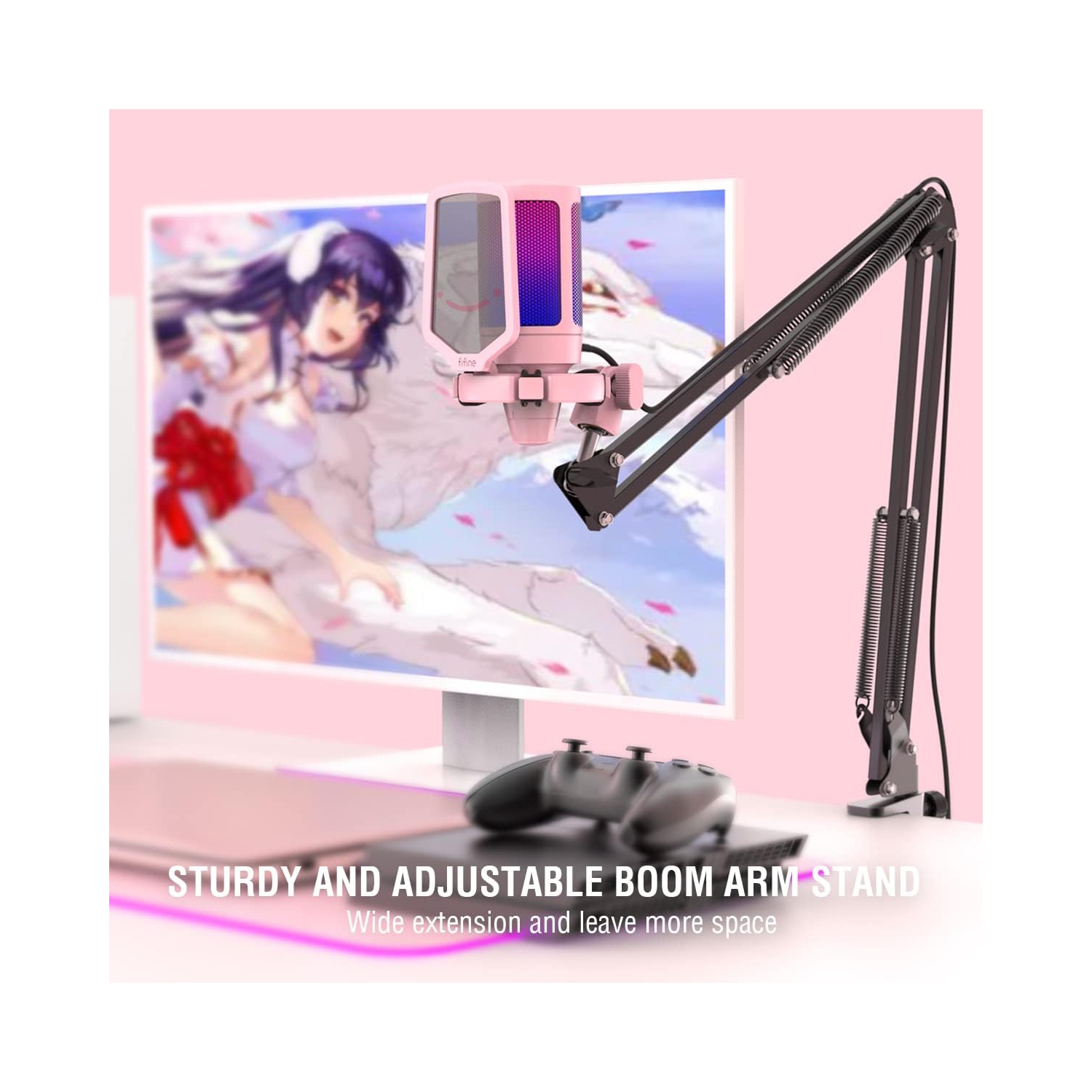 Microphone de jeu Fifine pour PC, ensemble micro USB à condensateur avec RVB, mise en sourdine rapide, bouton de gain, pied de perche, filtre