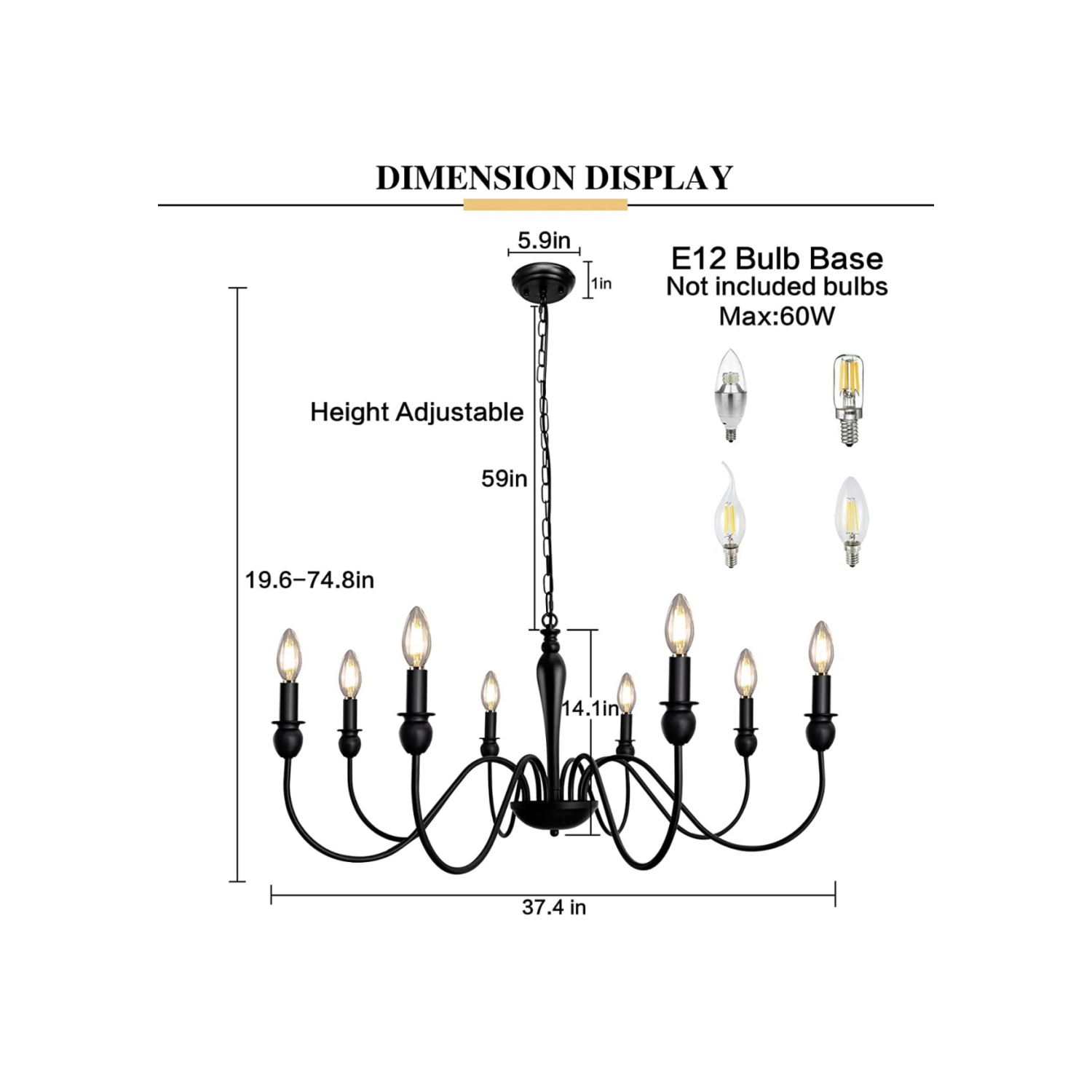 A|M Lighting Matte Black Farmhouse Chandelier Light Fixture Ceiling 8 Light Large Rustic