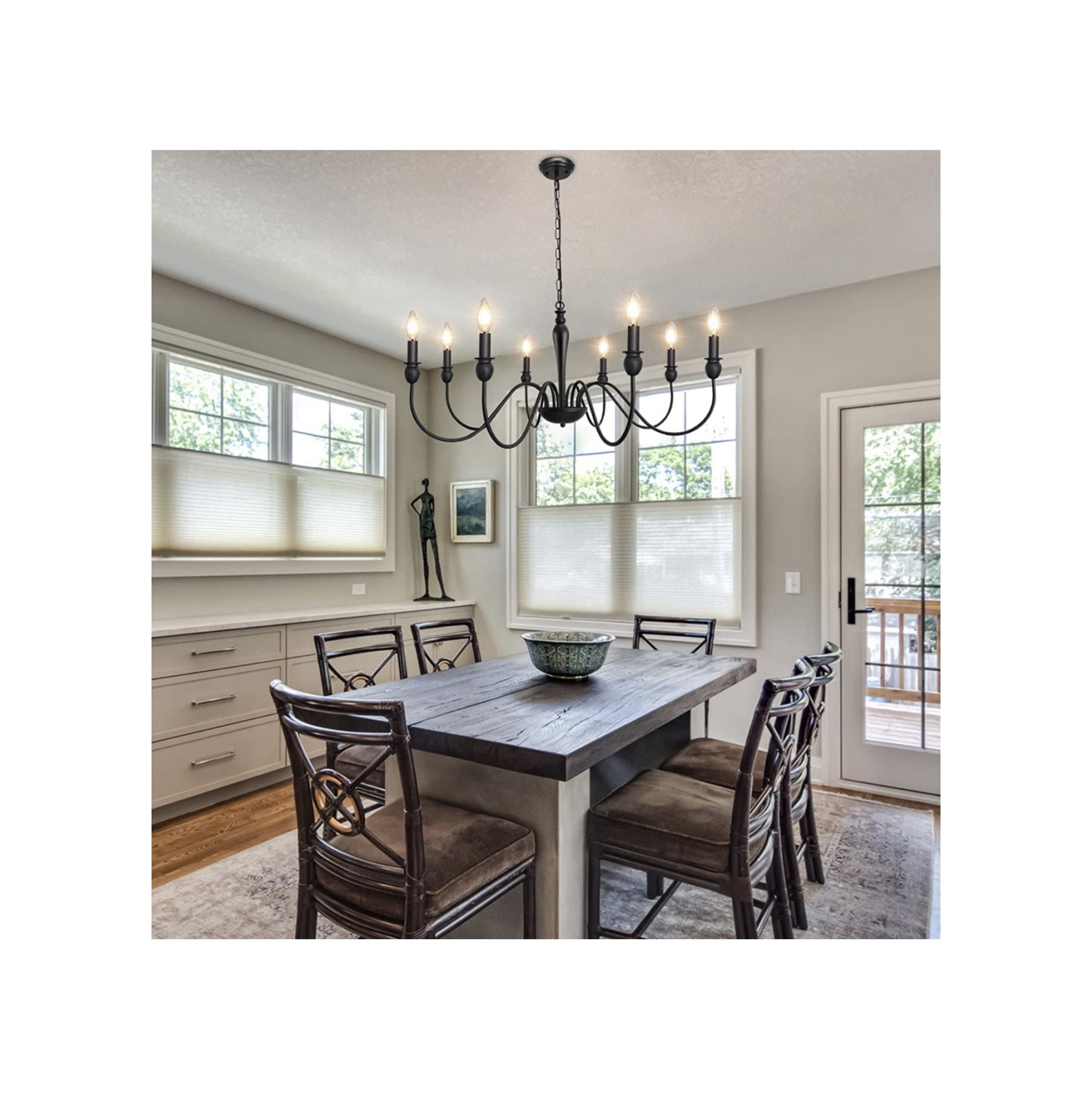 A|M Lighting Matte Black Farmhouse Chandelier Light Fixture Ceiling 8 Light Large Rustic