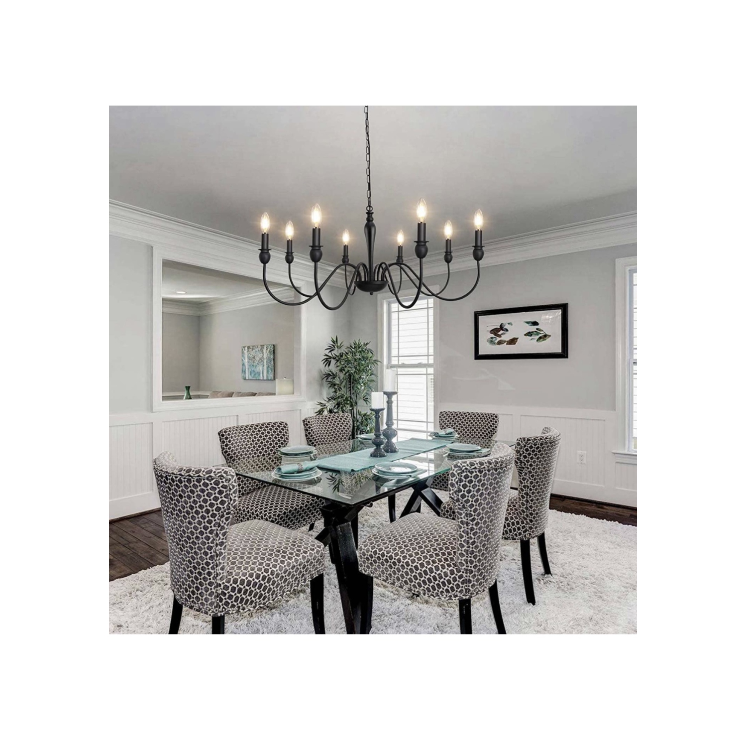 A|M Lighting Matte Black Farmhouse Chandelier Light Fixture Ceiling 8 Light Large Rustic