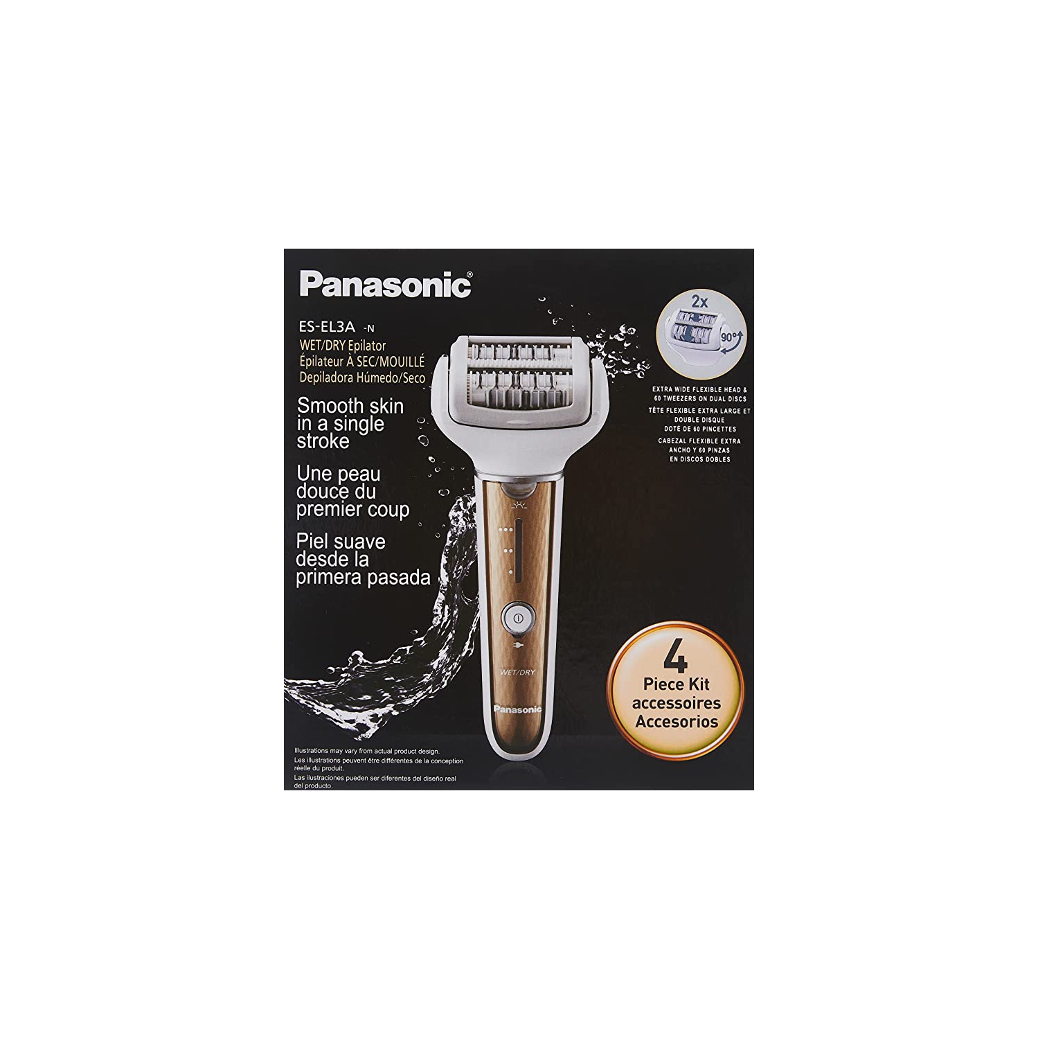 Panasonic ES-EL3A | Cordless Wet/dry Epilator for Women- 4-pc Kit Accessories- Gold- New